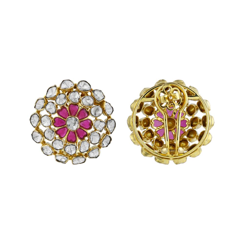 Floral Pink Stone Earrings with Uncut Diamonds in a Circular Frame