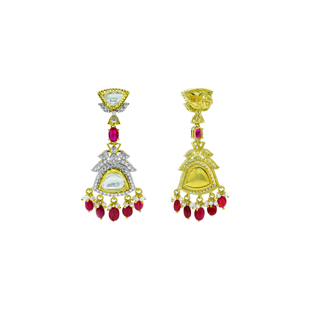 Ruby and Polki Earrings with Full-Cut Diamonds and Drops