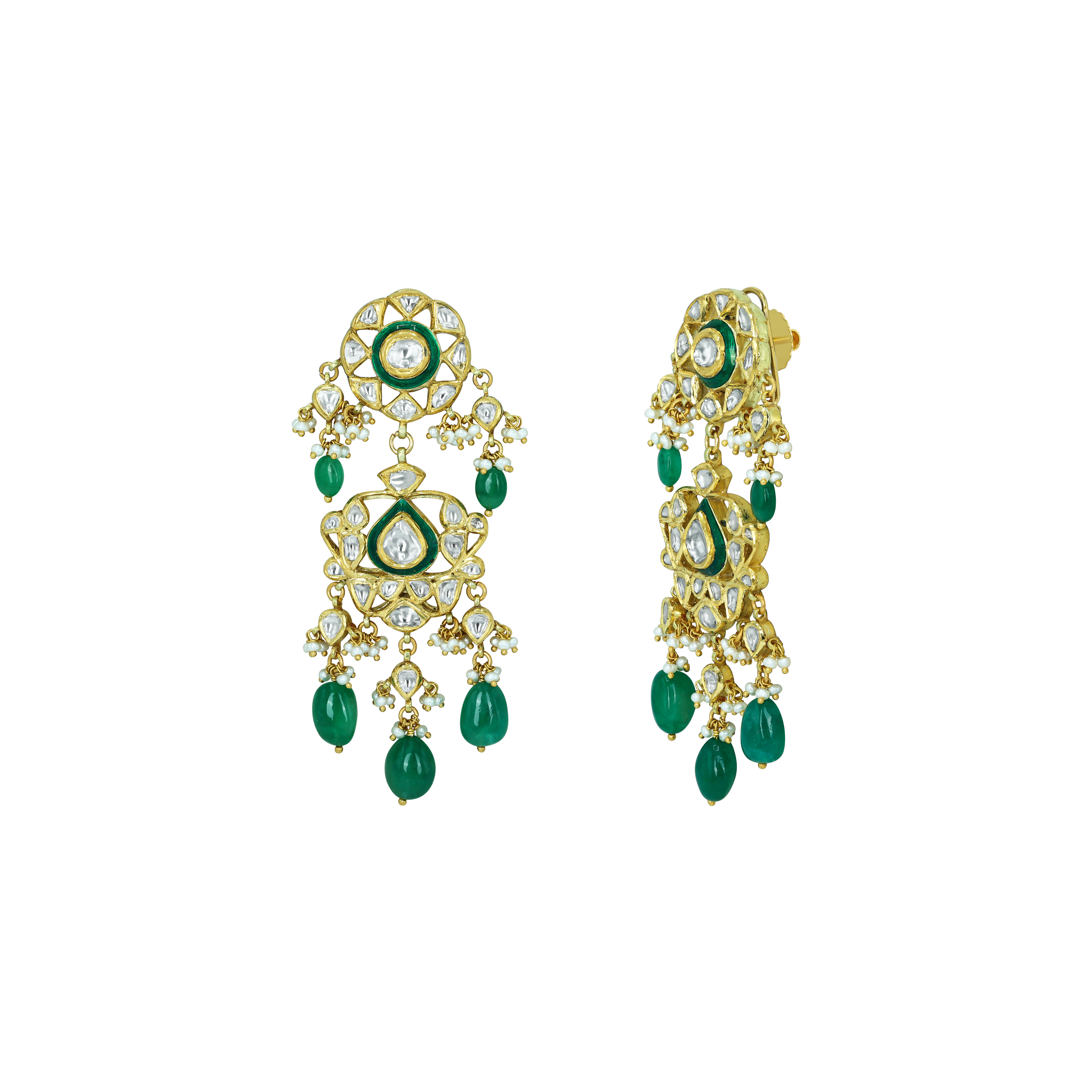 Polki Earrings with Green Enamel and Emerald Drops
