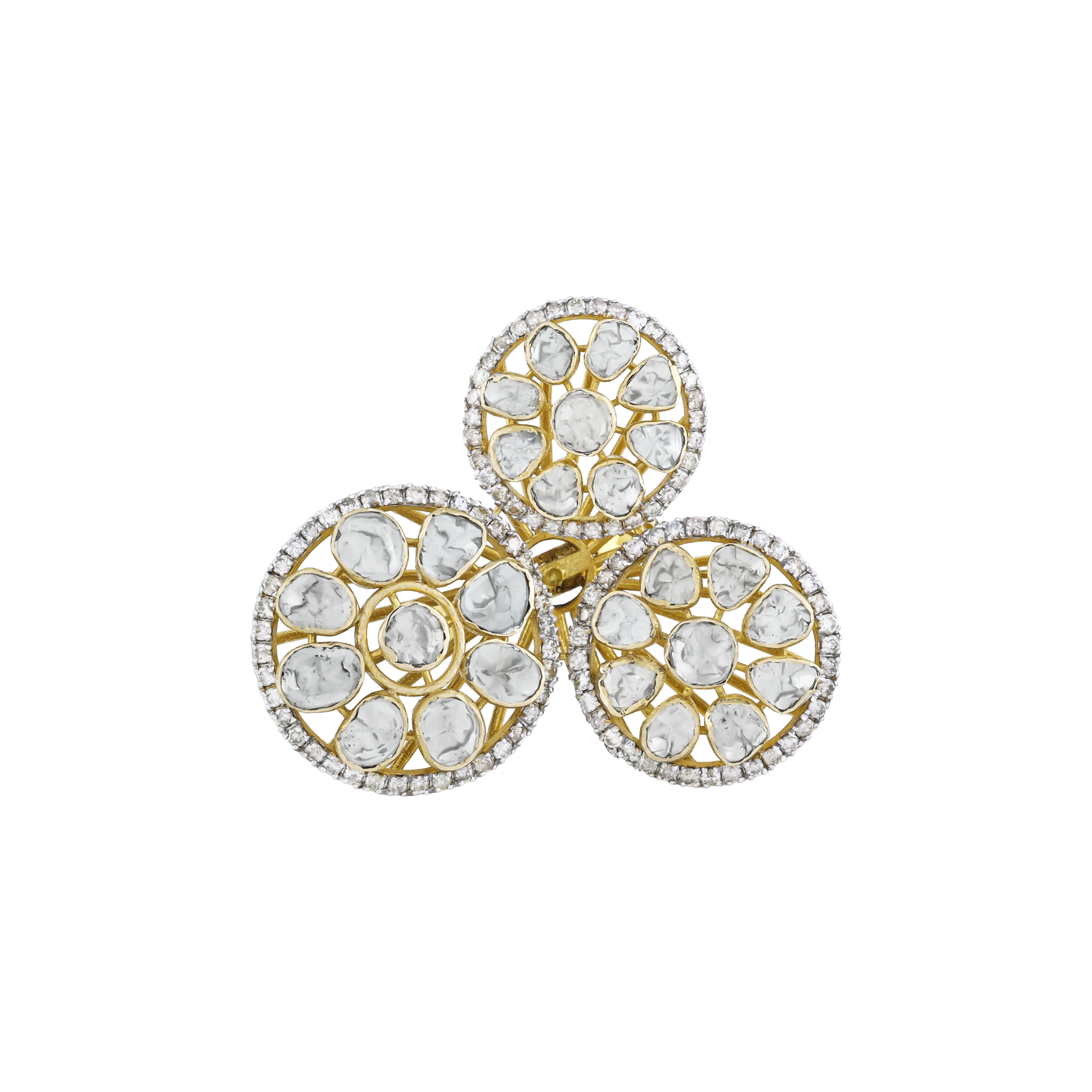 Triple Circle Polki Ring with Diamond Halo and Polki Cluster