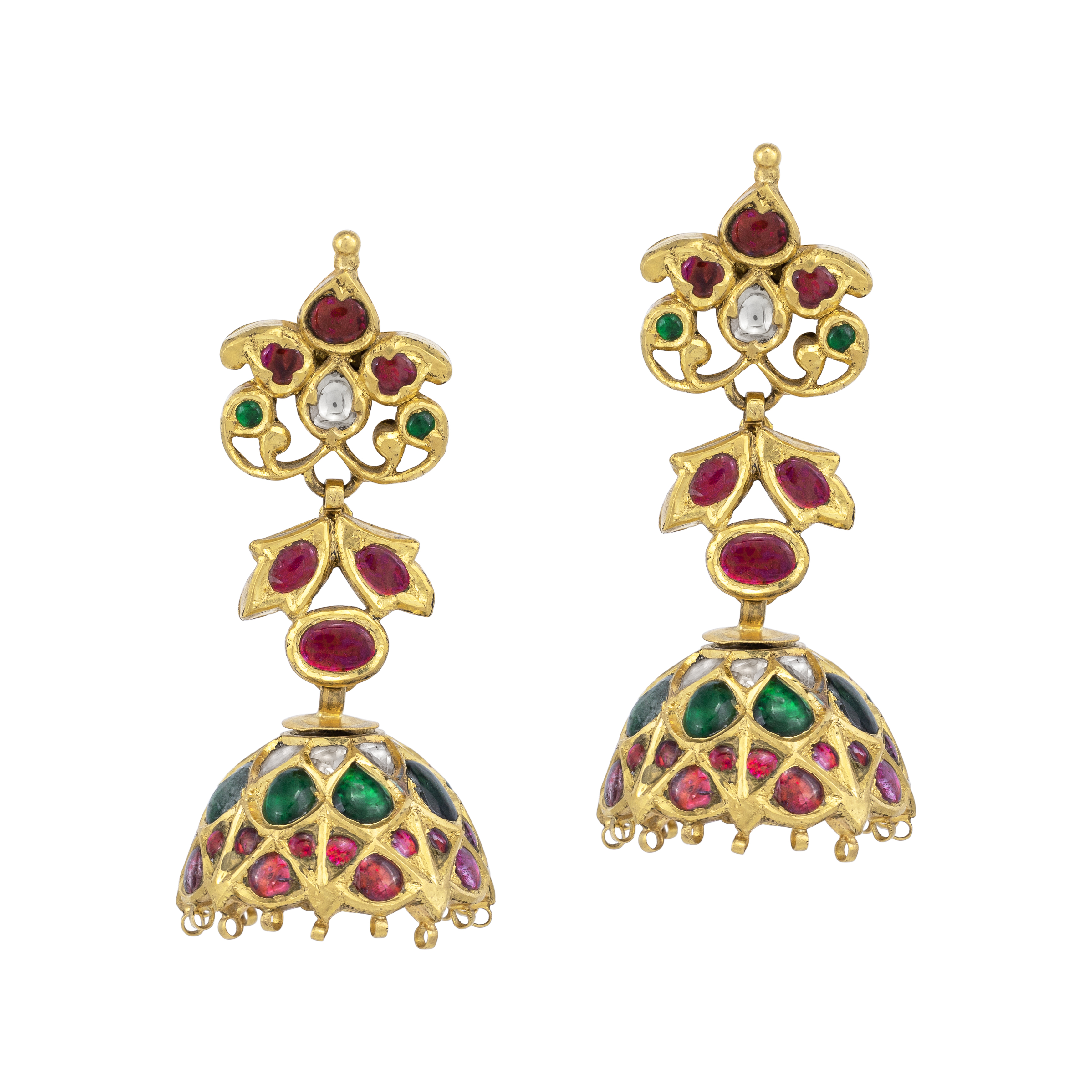 Yellow Gold Jhumkas with Emerald and Ruby