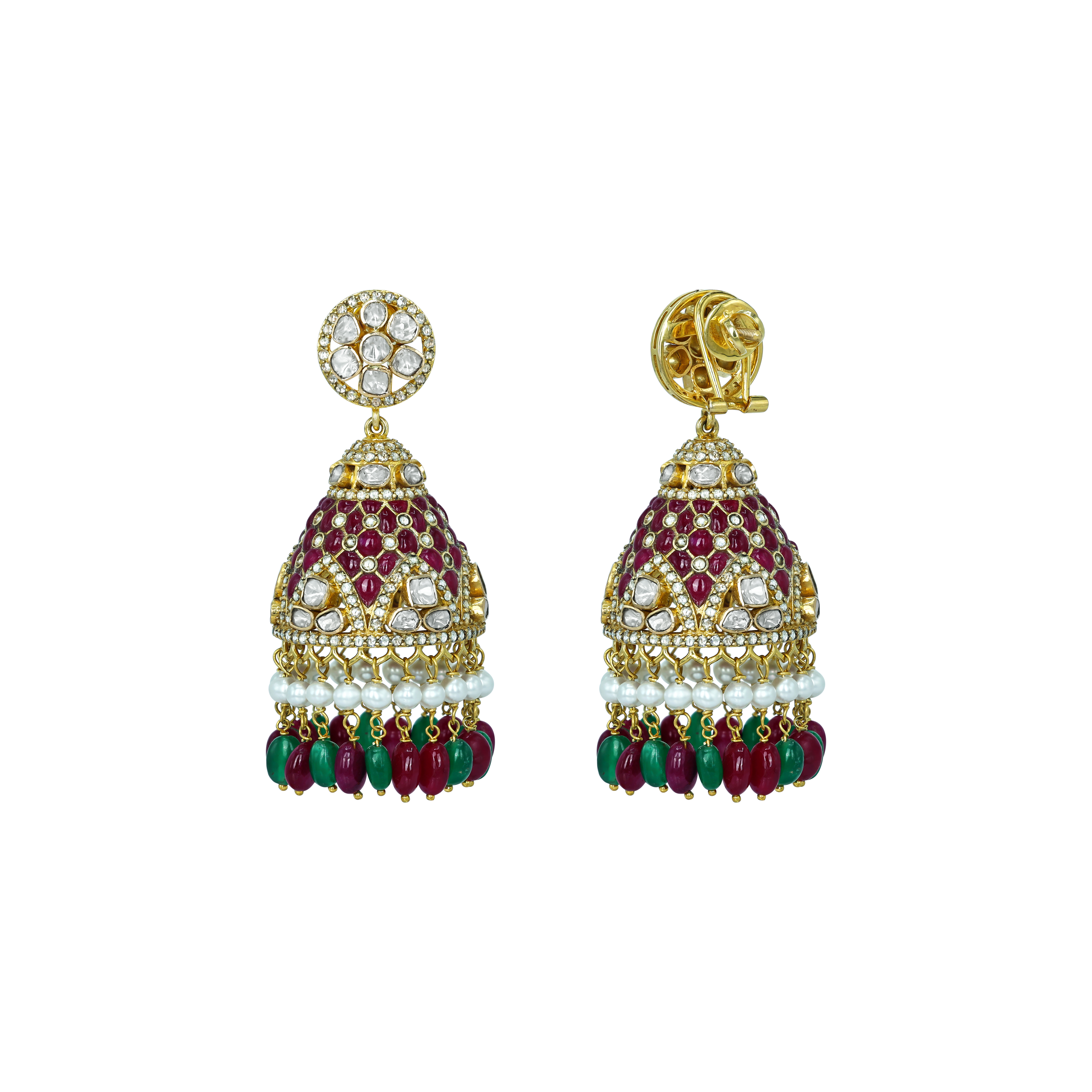 Ruby and Emerald Jhumkas with Polki Studs