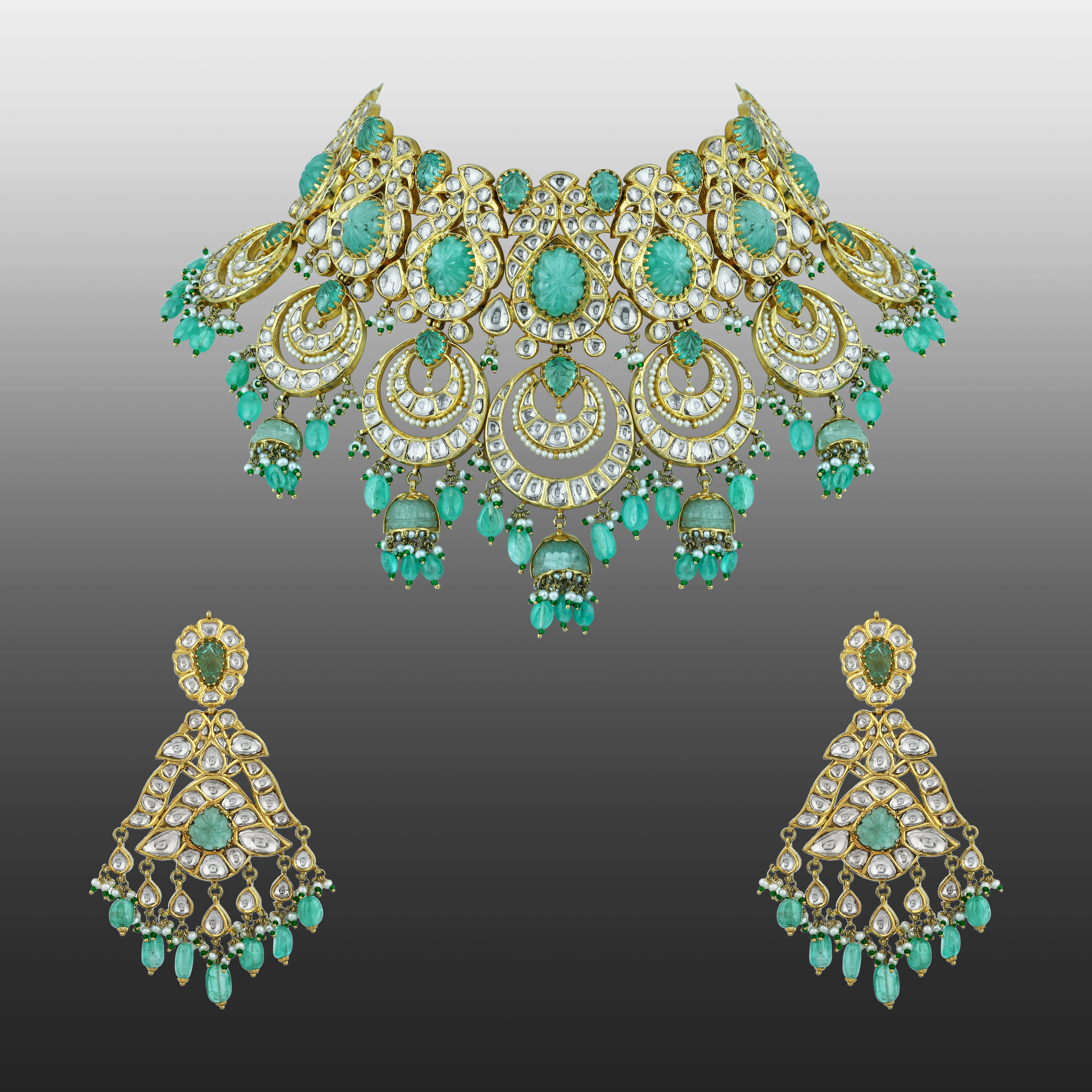 Chandbali Choker Set with Polki, Green Beads, and Drops