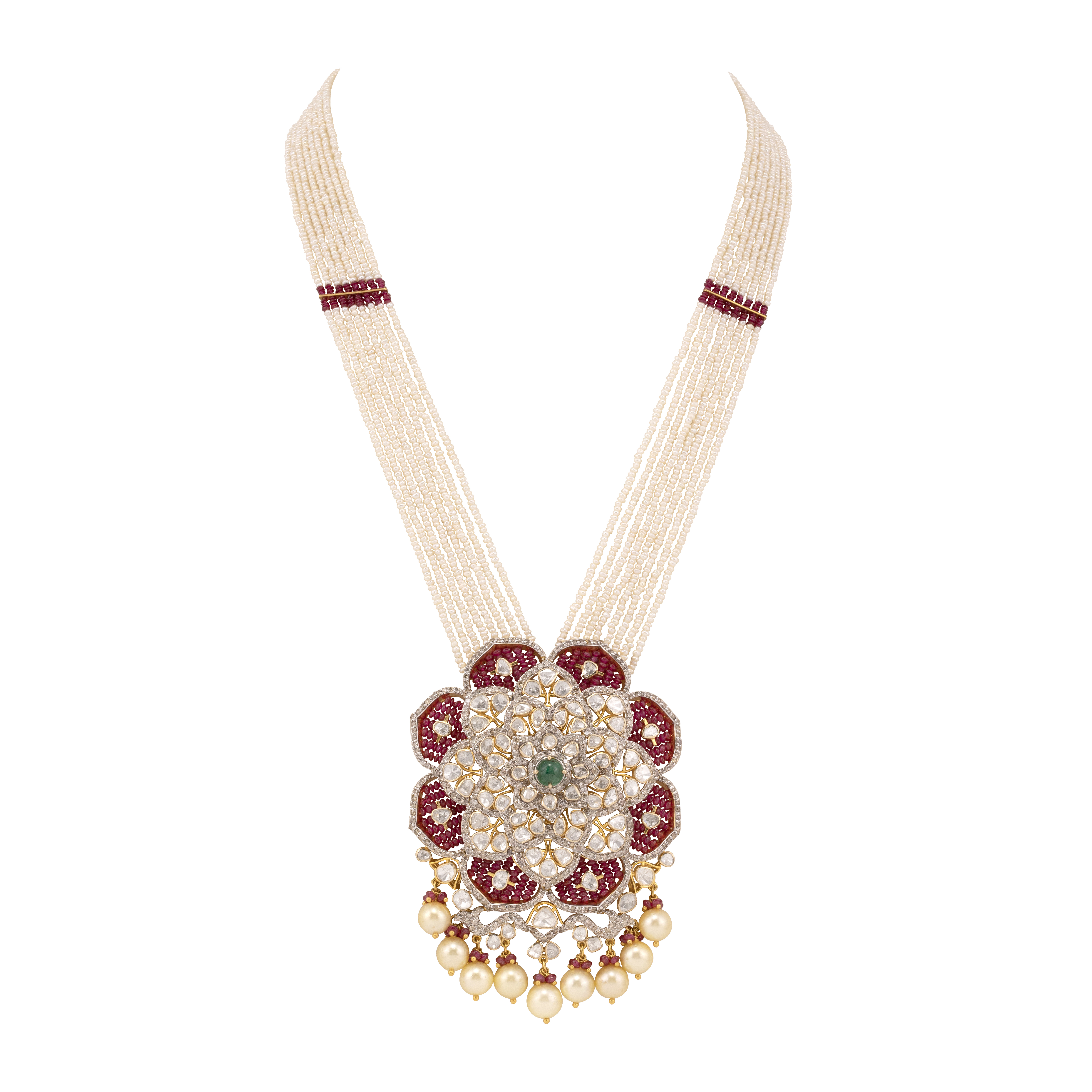 Pearl Strand Necklace with Polki, Ruby, and Emerald Pendant