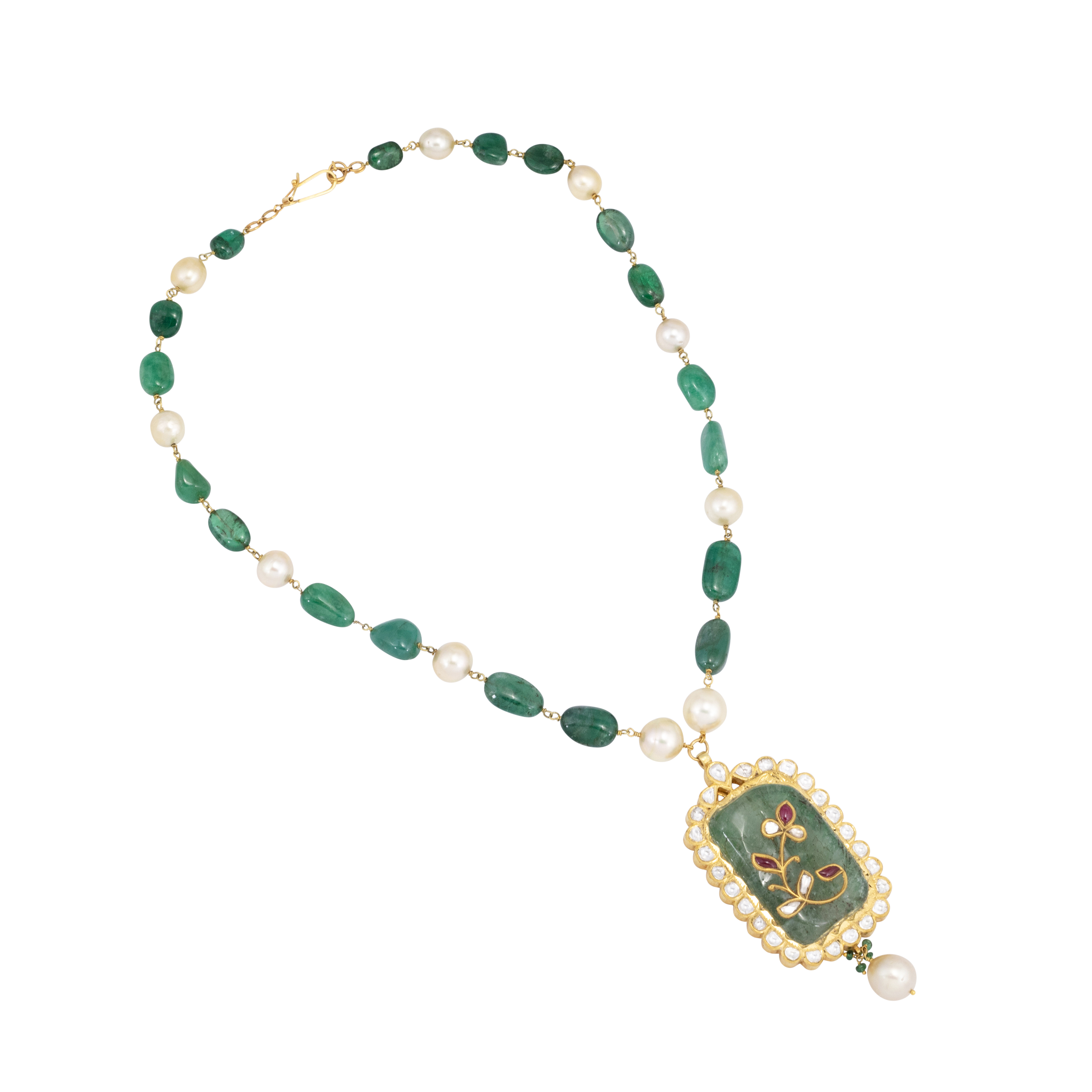 Emerald and Pearl Necklace with Ruby Floral Inlay