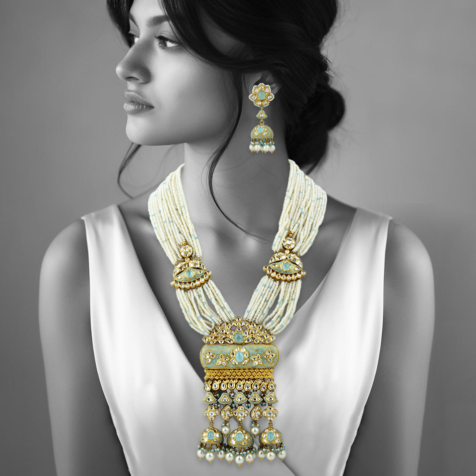 Multi-Strand Pearl Necklace Set with Polki Pendant and Blue Enamel