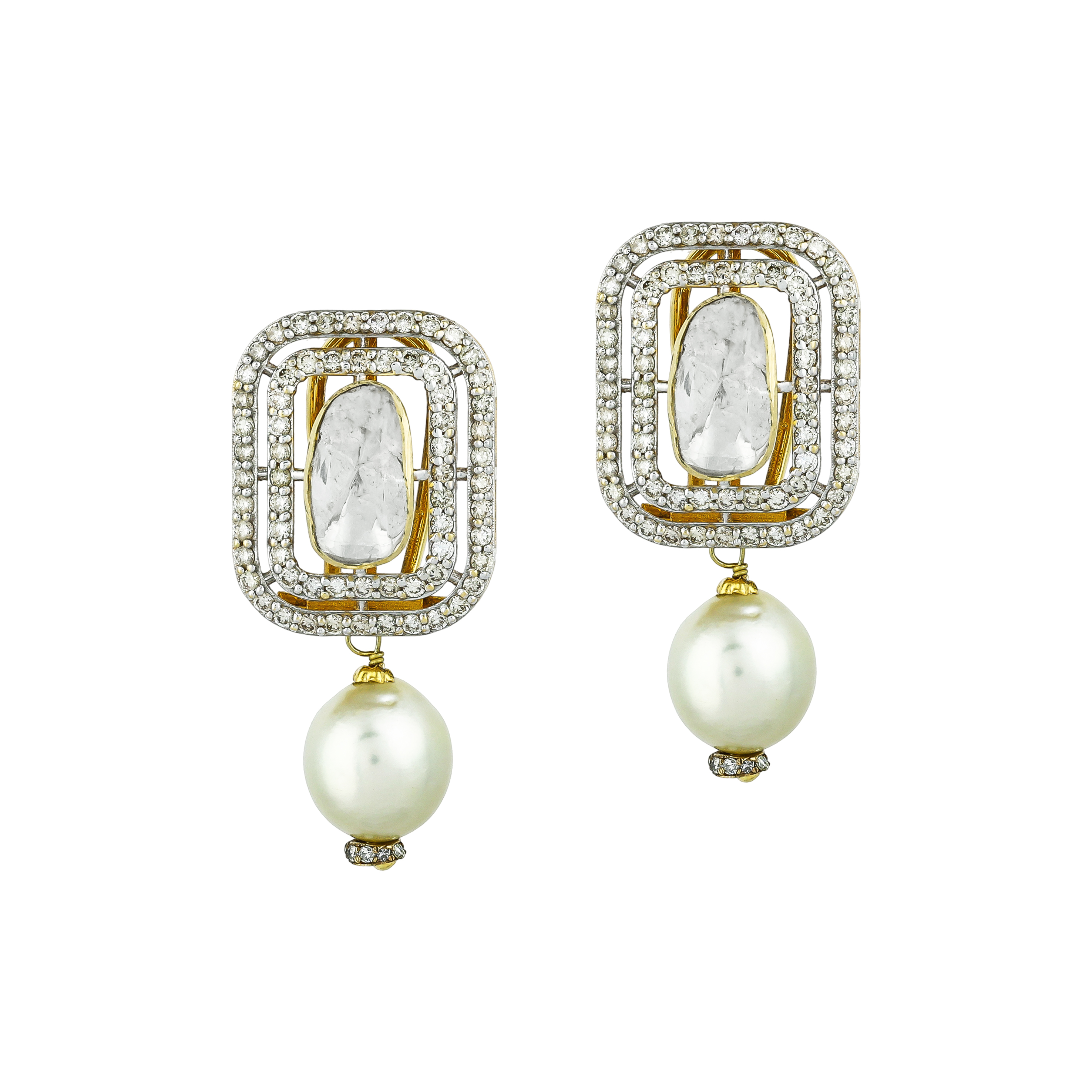 Polki Earrings with Diamond Frames & Southsea Pearls