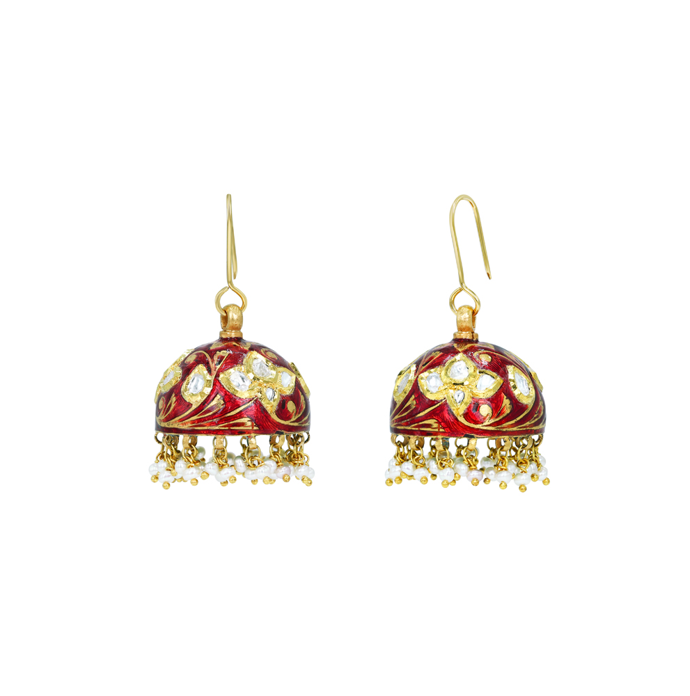 Red Enamel Polki Jhumkas with Floral Motifs and Pearl Beads