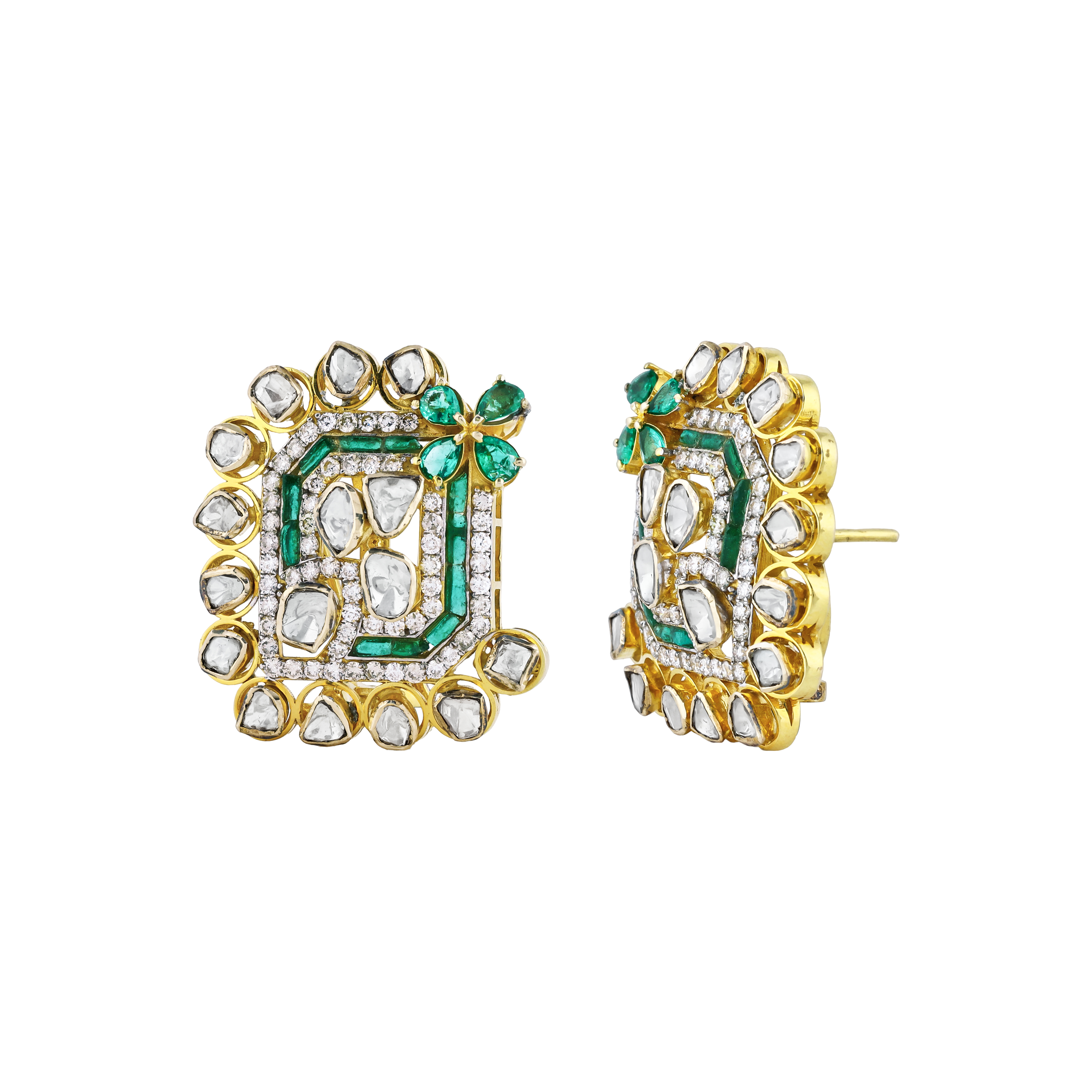Rectangular Green Colourstone Polki Earrings with pearls
