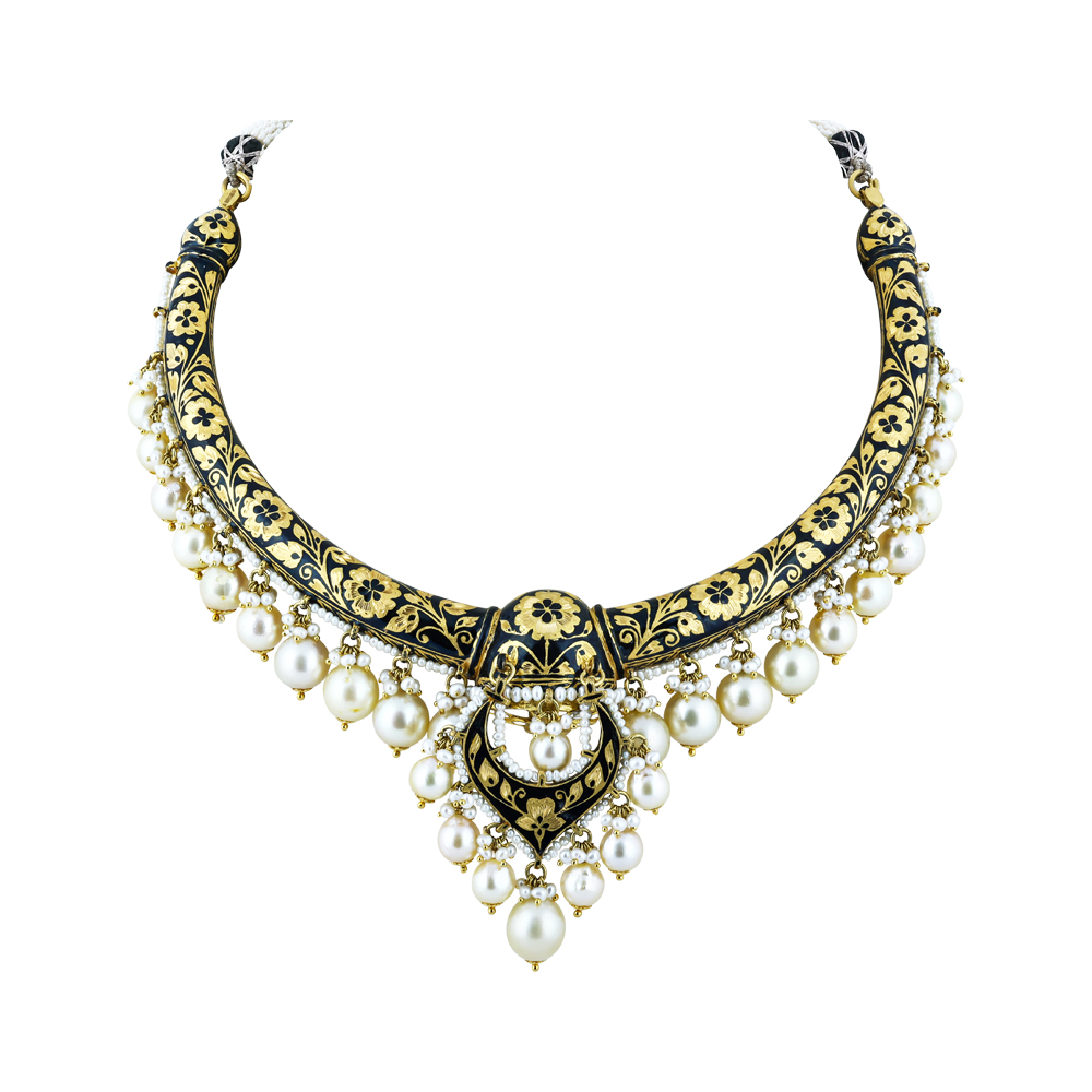 Hasli Polki Necklace Set with Black Enamel and Pearls