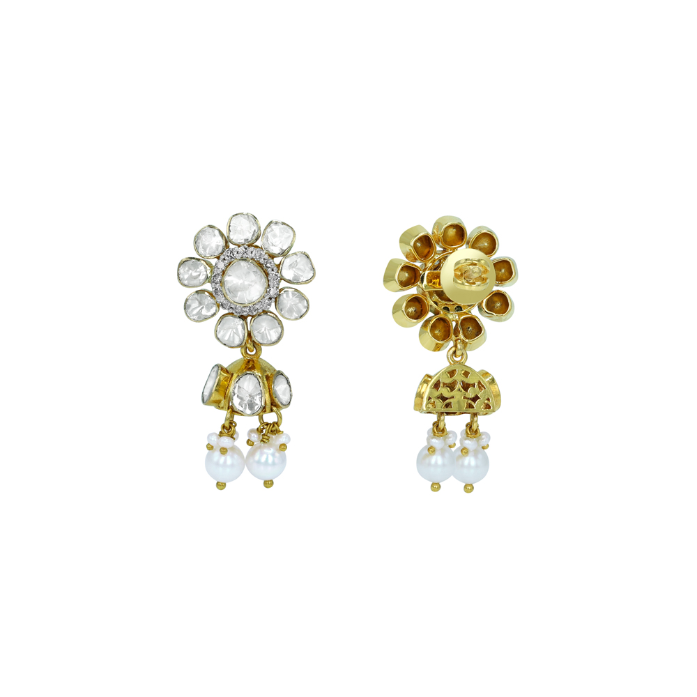 Blooming Polki Diamond Earrings with Graceful Pearl Drops