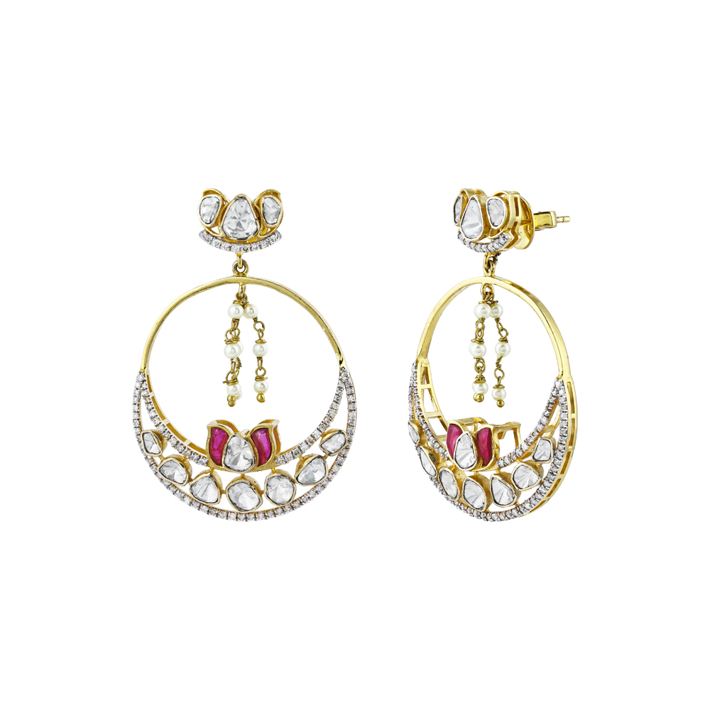Floral Chandbali Earrings with Uncut Diamonds and Pearl Drops