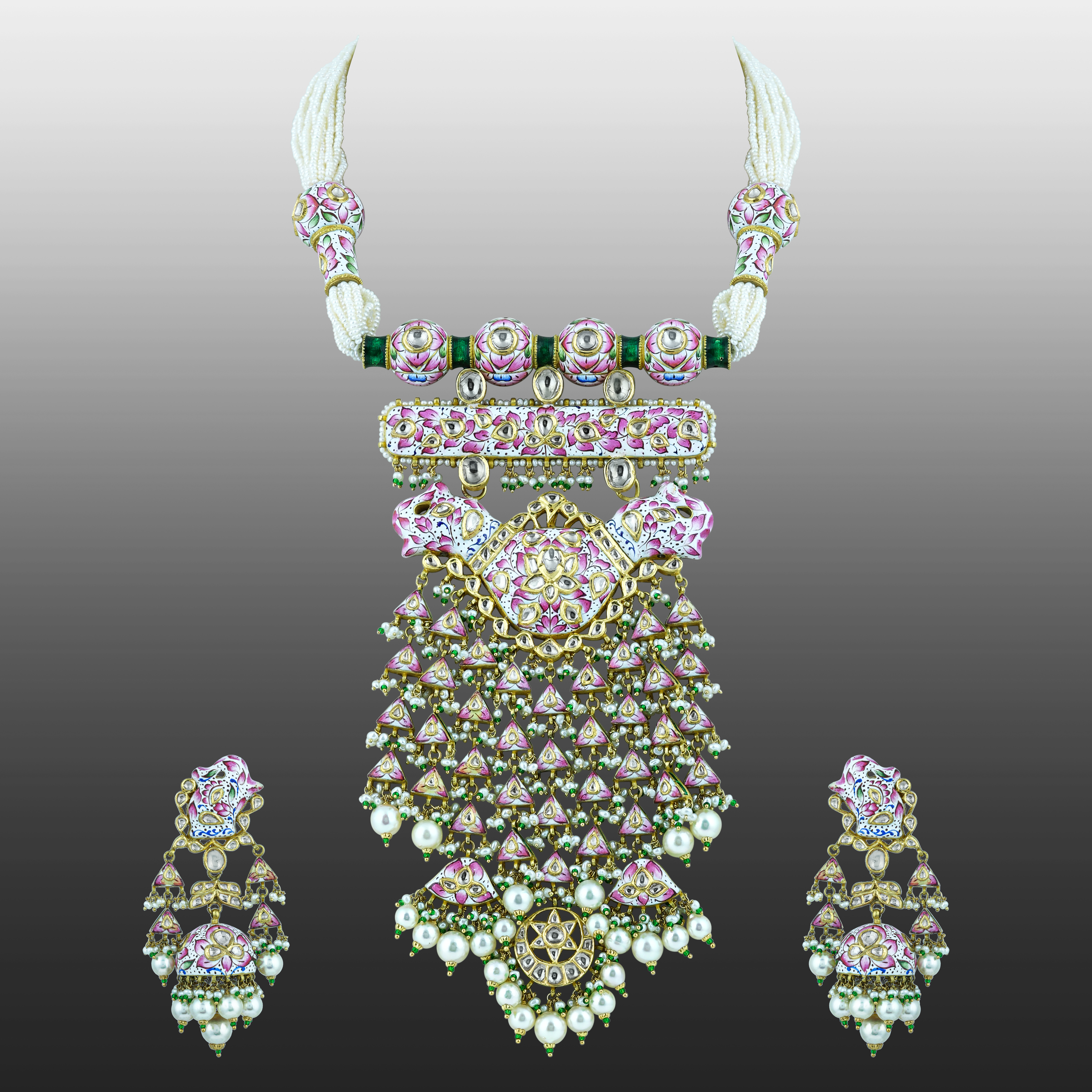 Pink White Meenakari Necklace Set with Uncut Diamond Polkis & Pearls
