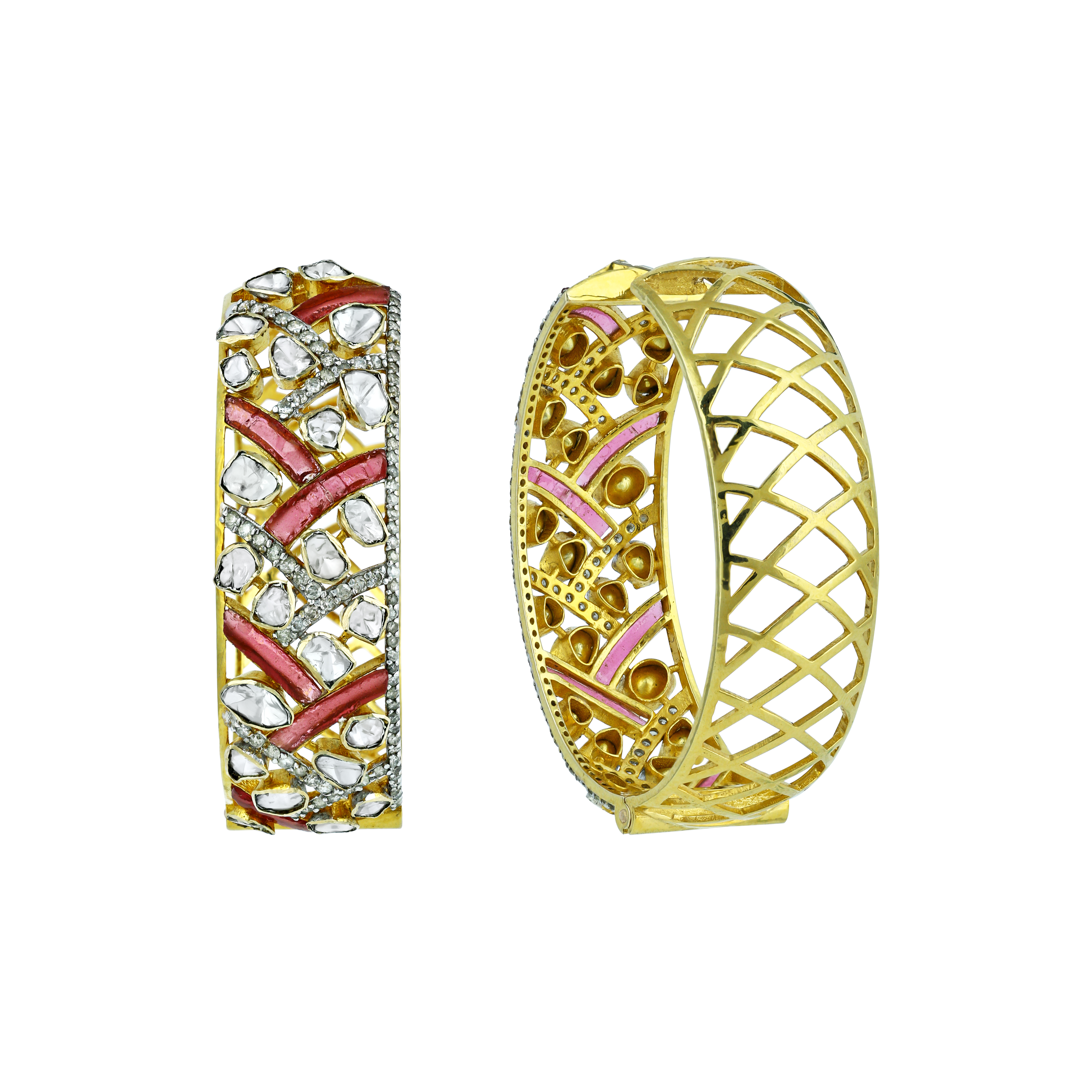 Wide Polki Hoops with Red Gemstones and Chevron Pattern