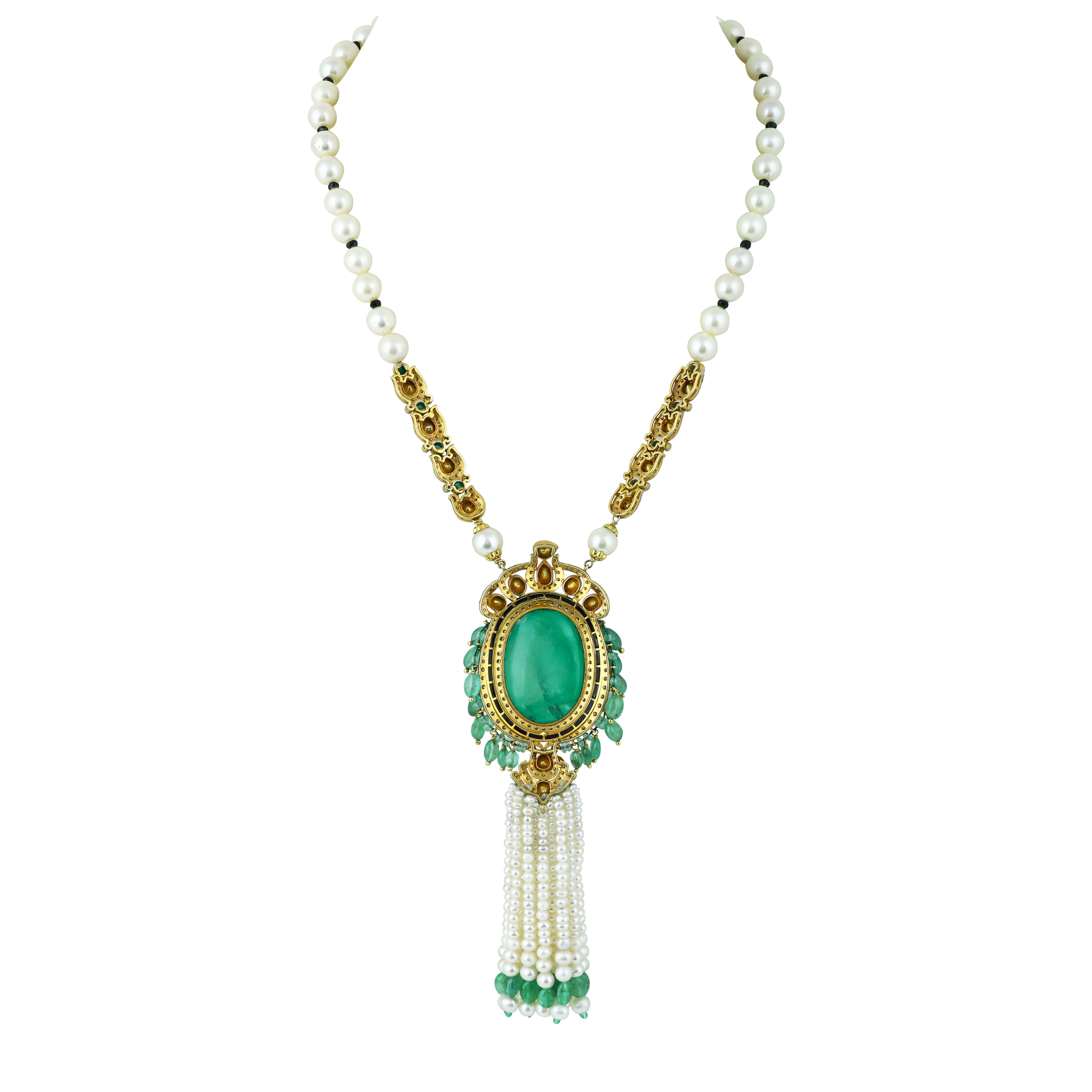 Oval Emerald Polki Pendant with Pearl & Emerald Tassels