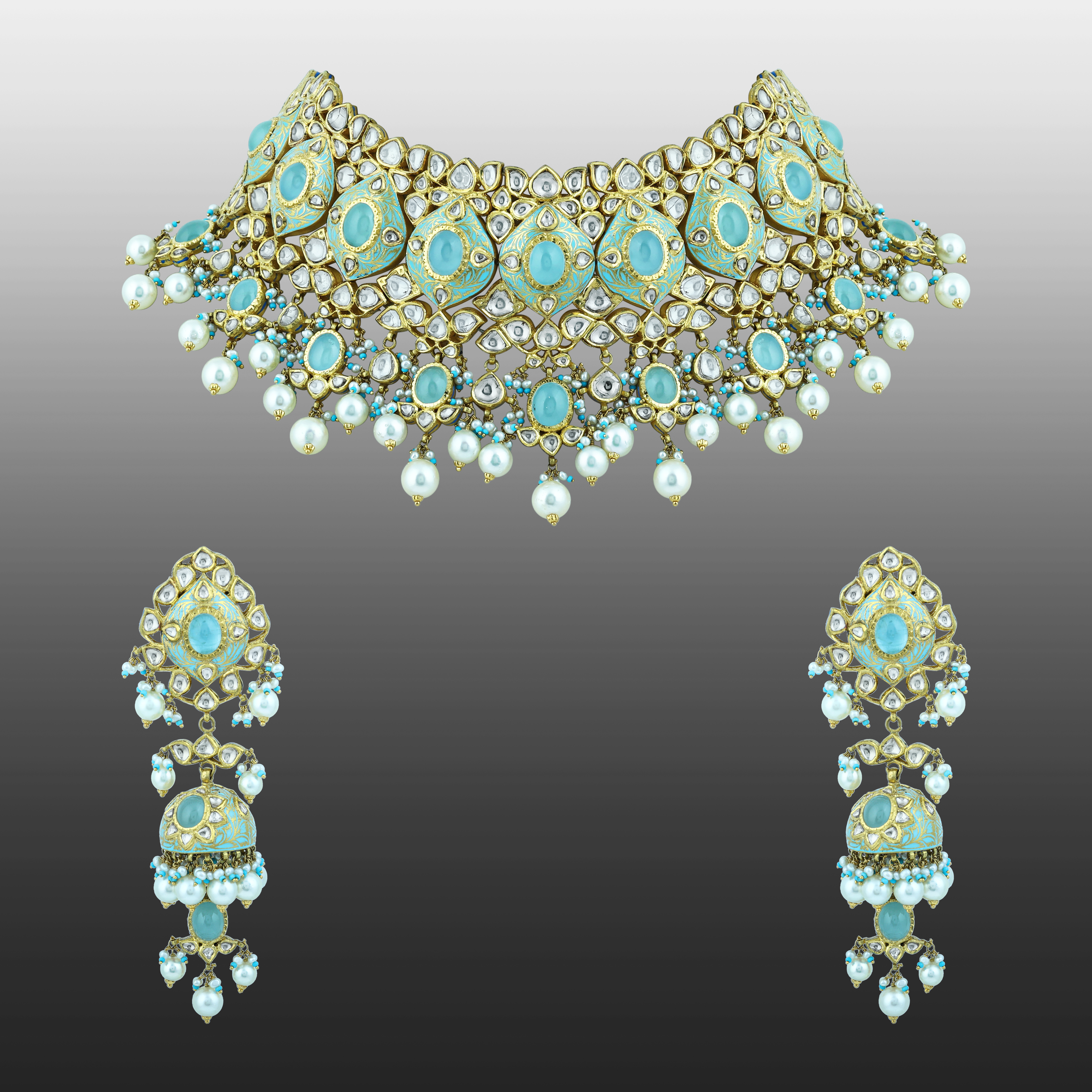 Turquoise Enamel Choker Set with Teardrop Polki and Pearl Clusters