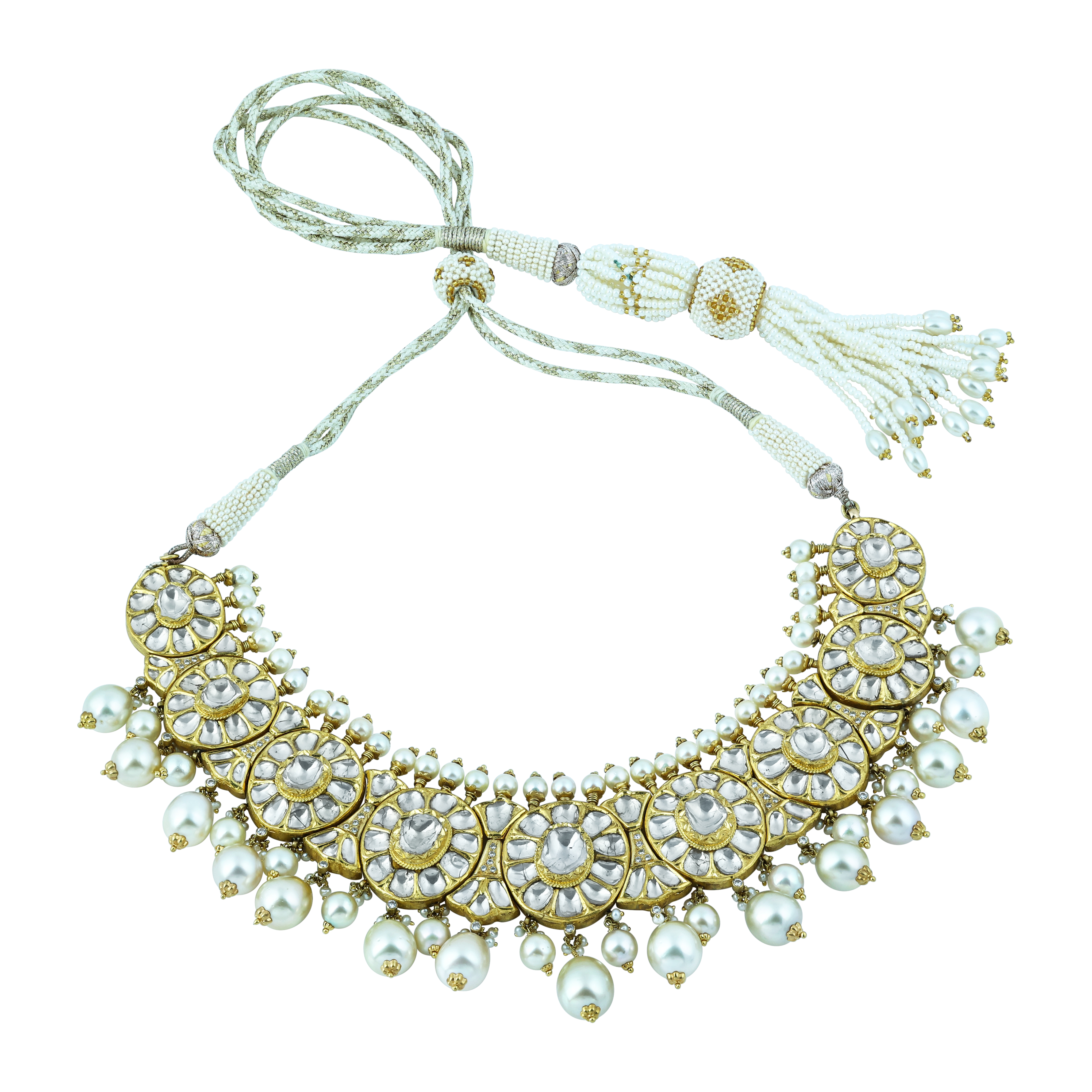 Elegant Necklace Set with Uncut Diamond Polkis and Pearls