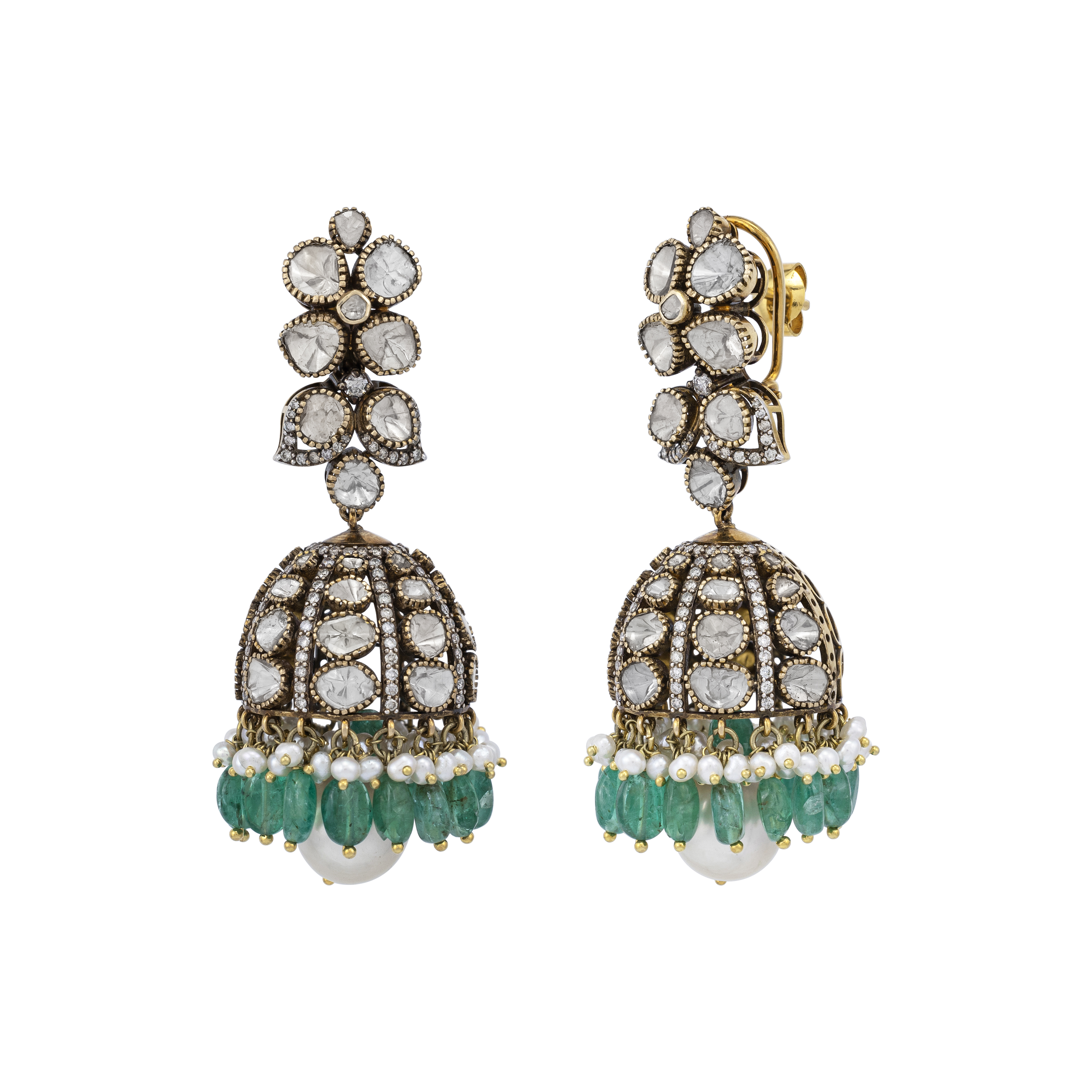 Polki and Emerald Bead Jhumkas