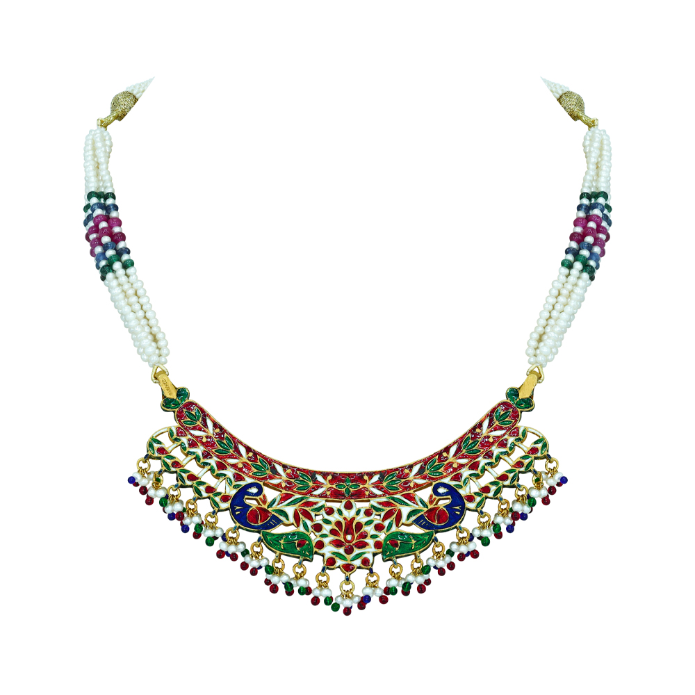 Polki Necklace with Red Enamel and Multicolour Bead Fringes