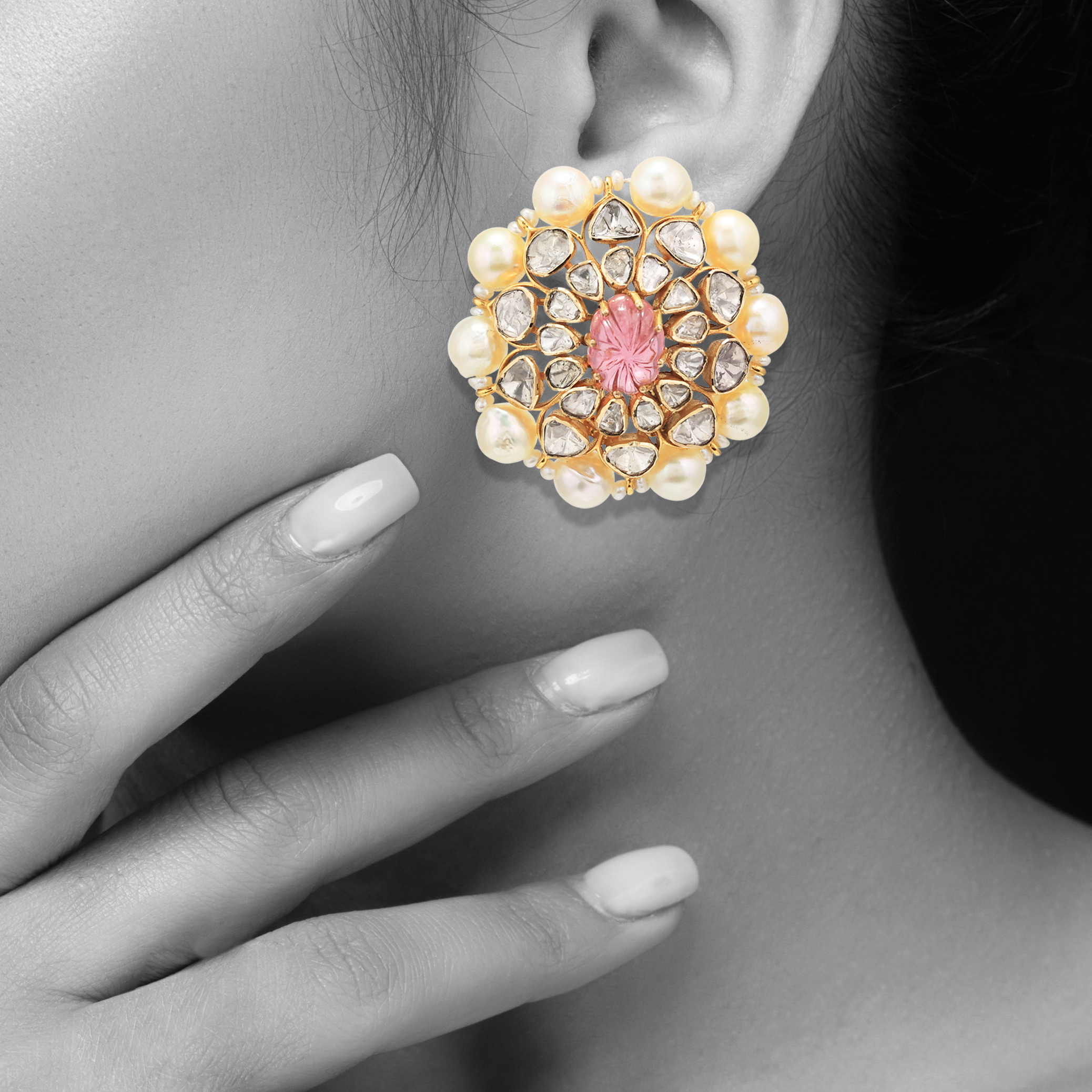 Pink Carved Tourmaline Polki Stud with Natural Pearls