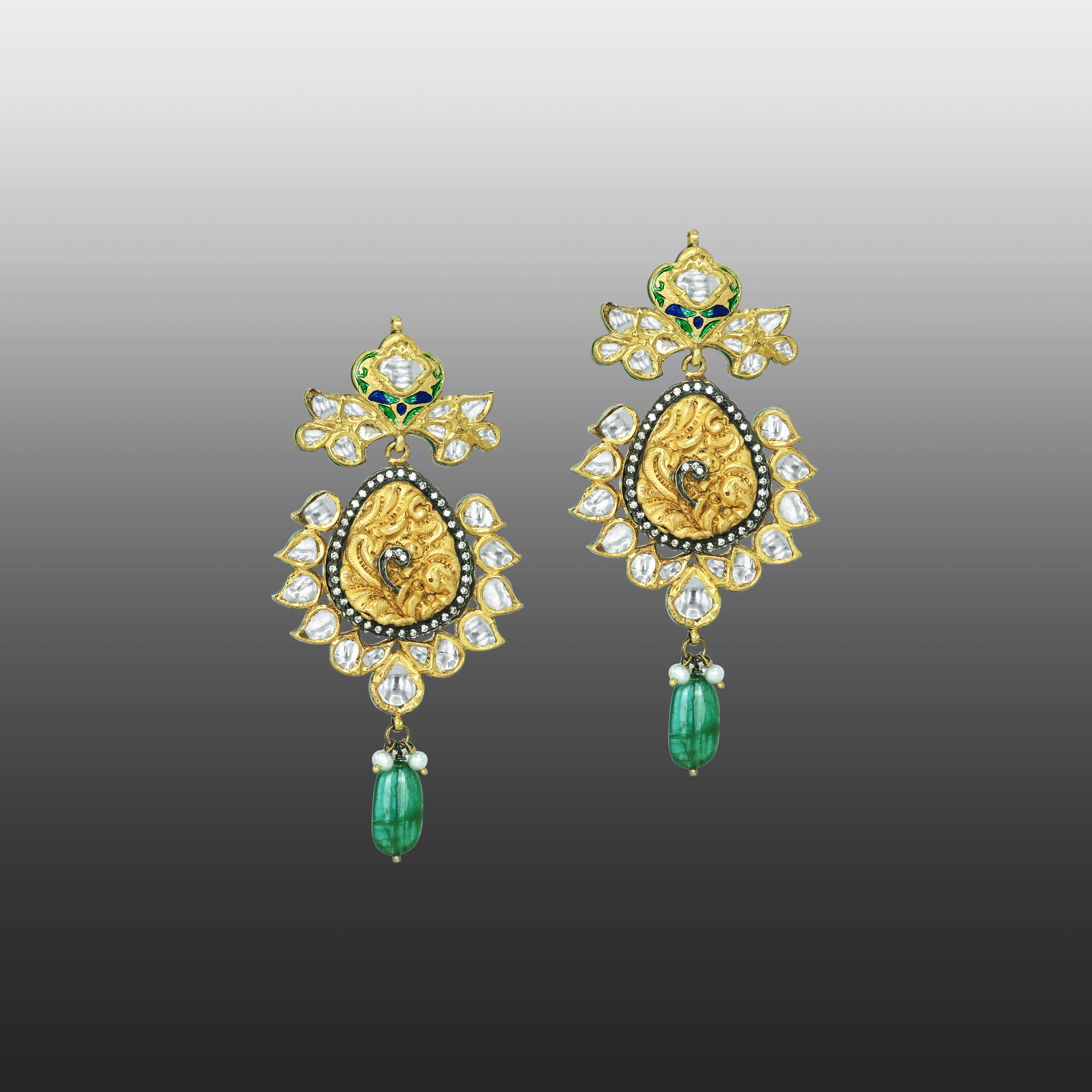 Krishna Polki Pendant Necklace Set with Pearls, Emeralds and Enamel
