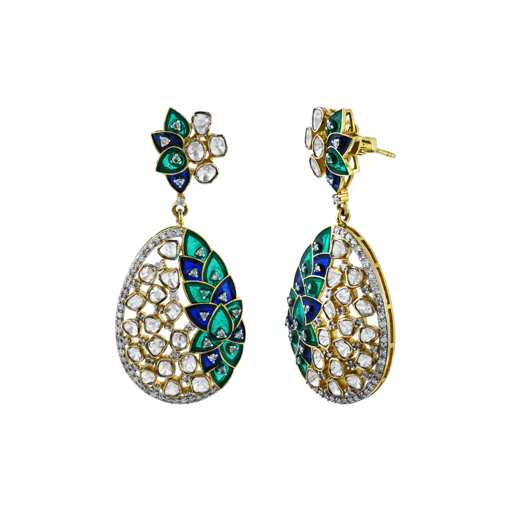 Earrings with Uncut Diamonds and Blue-Green Enamel