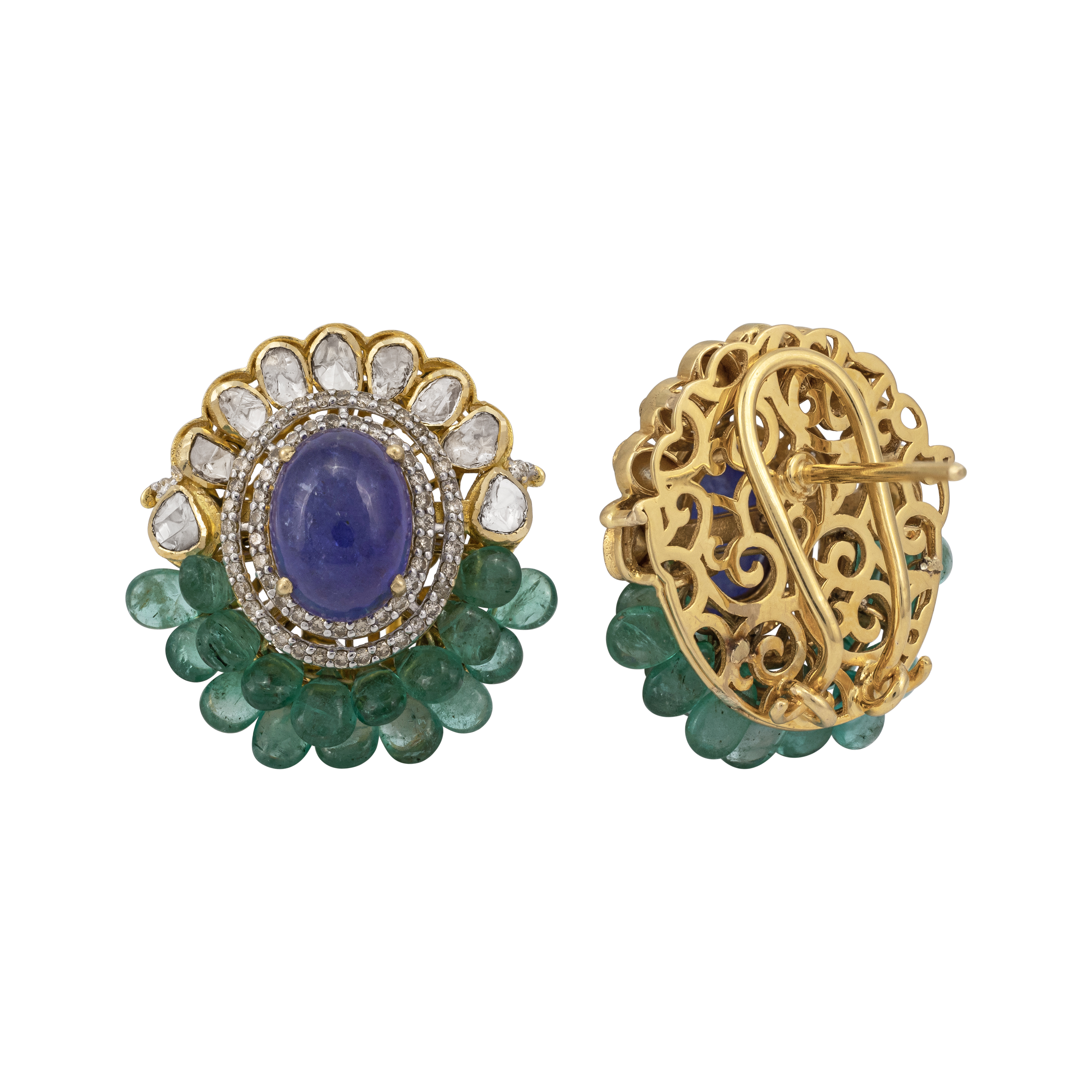 Oval Tanzanite Studs with Polki Half Border and Emerald Beads