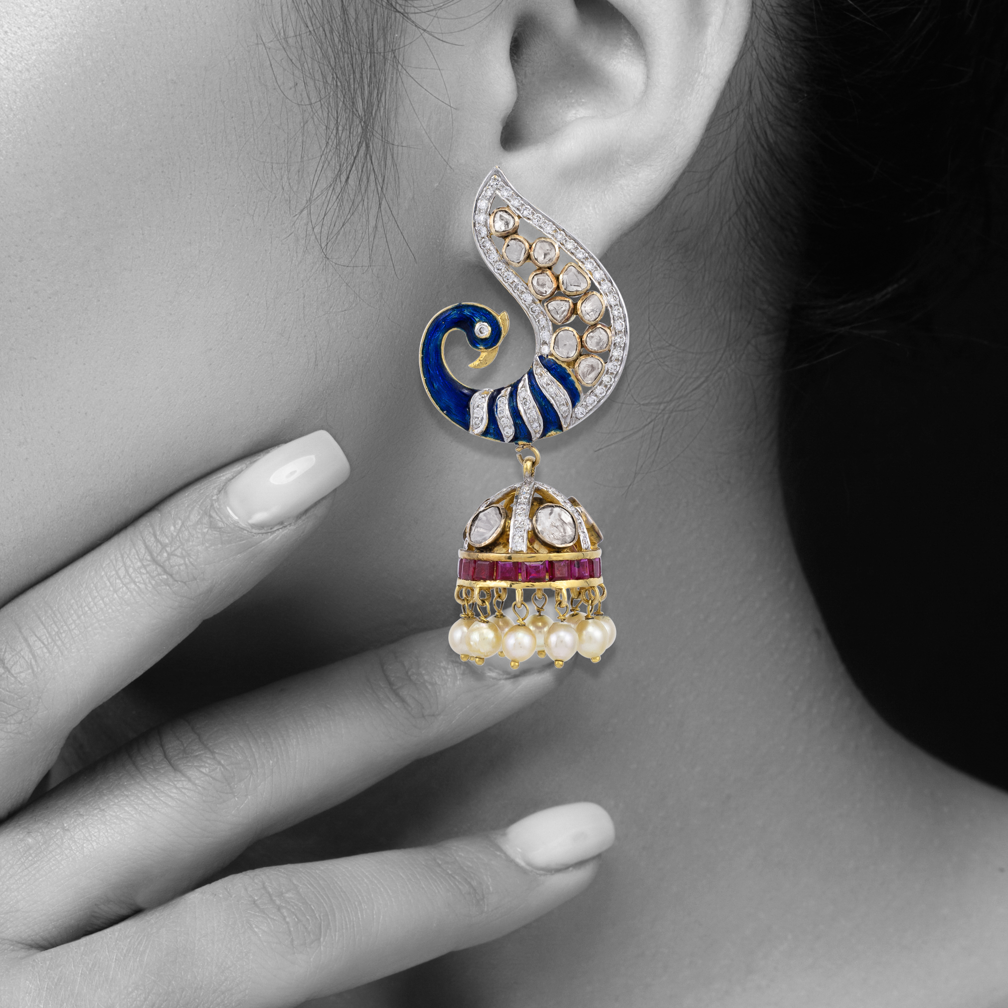 Peacock Danglers with Ruby and Japanese Pearls