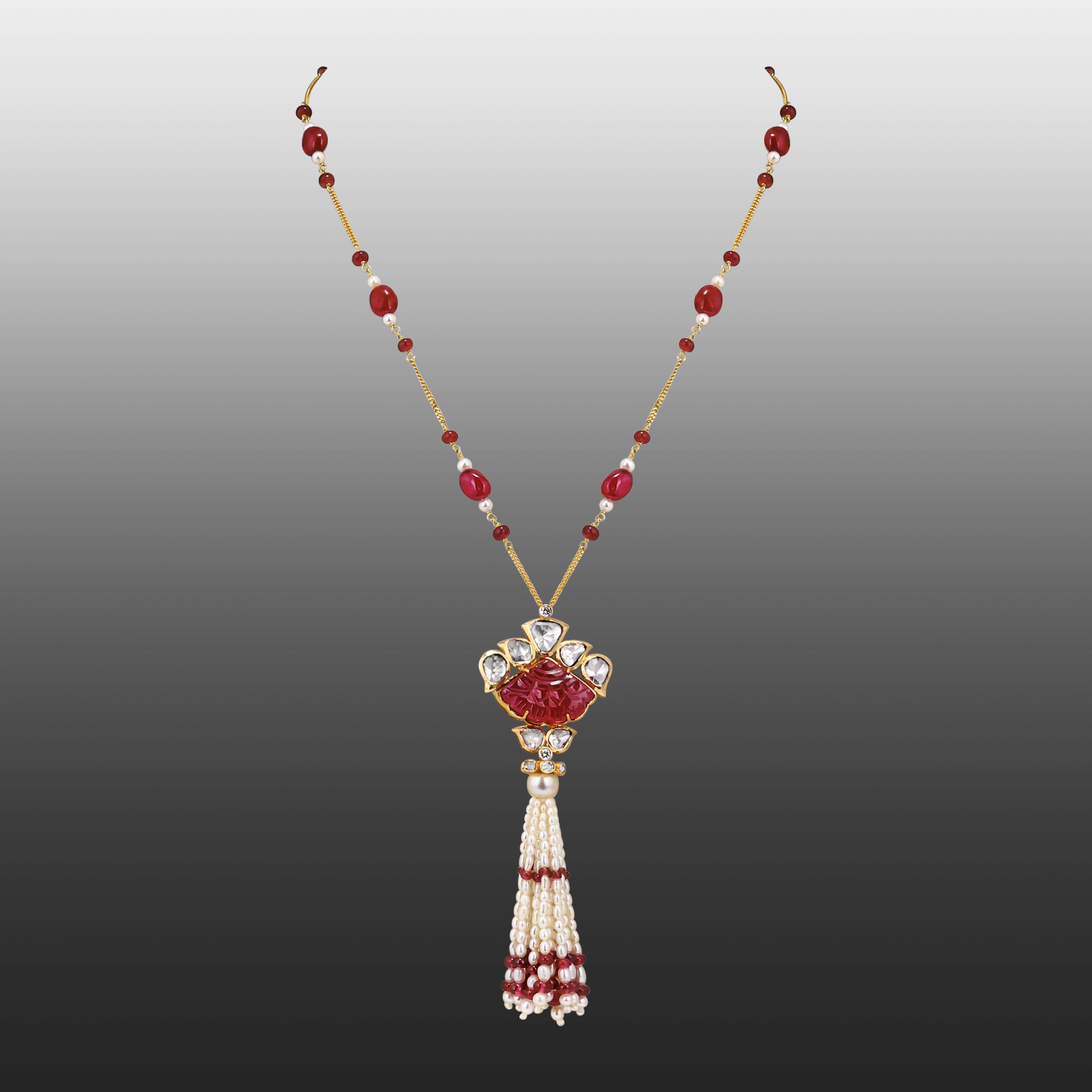 Carved Ruby Pendant Necklace with Pearl Tassel