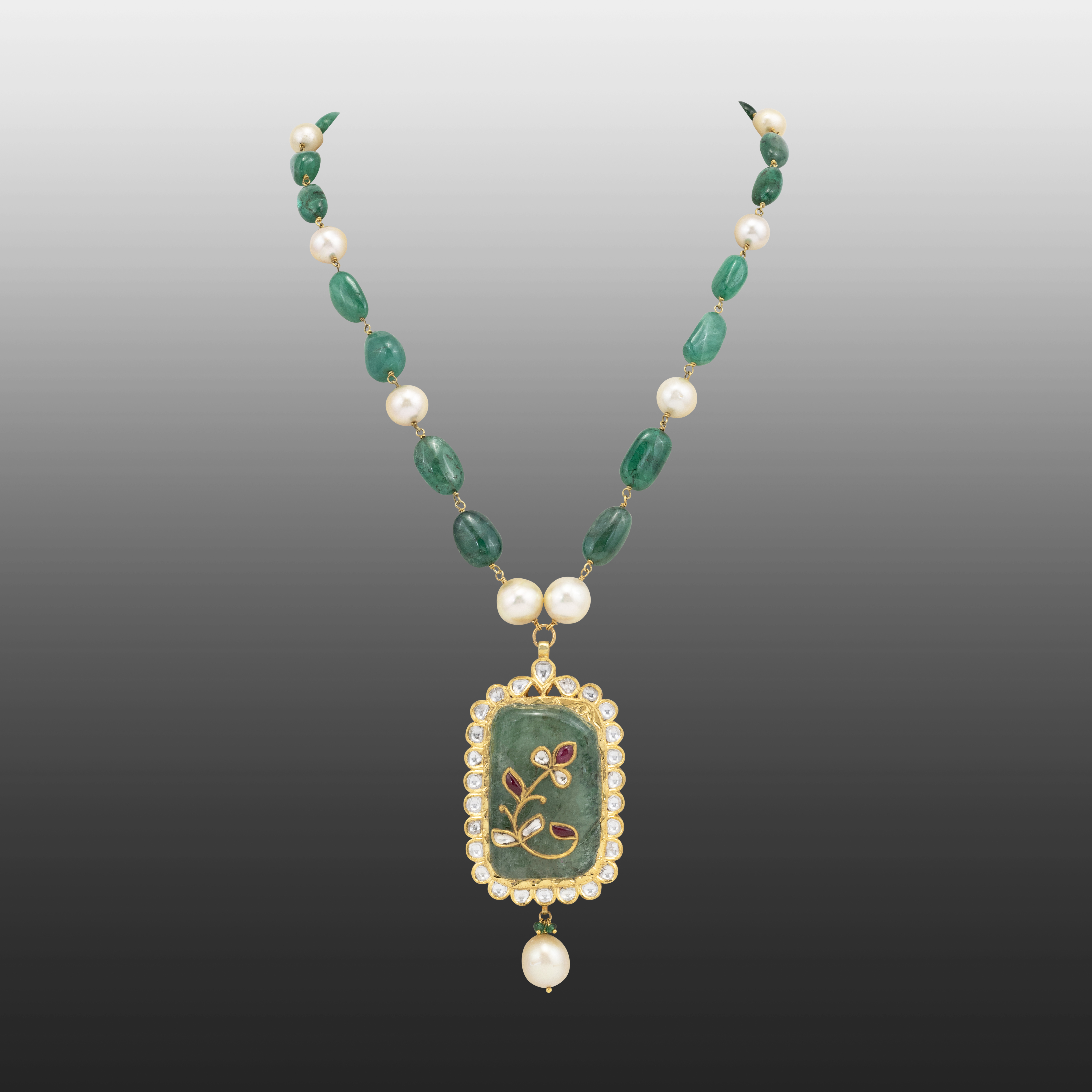 Emerald and Pearl Necklace with Ruby Floral Inlay