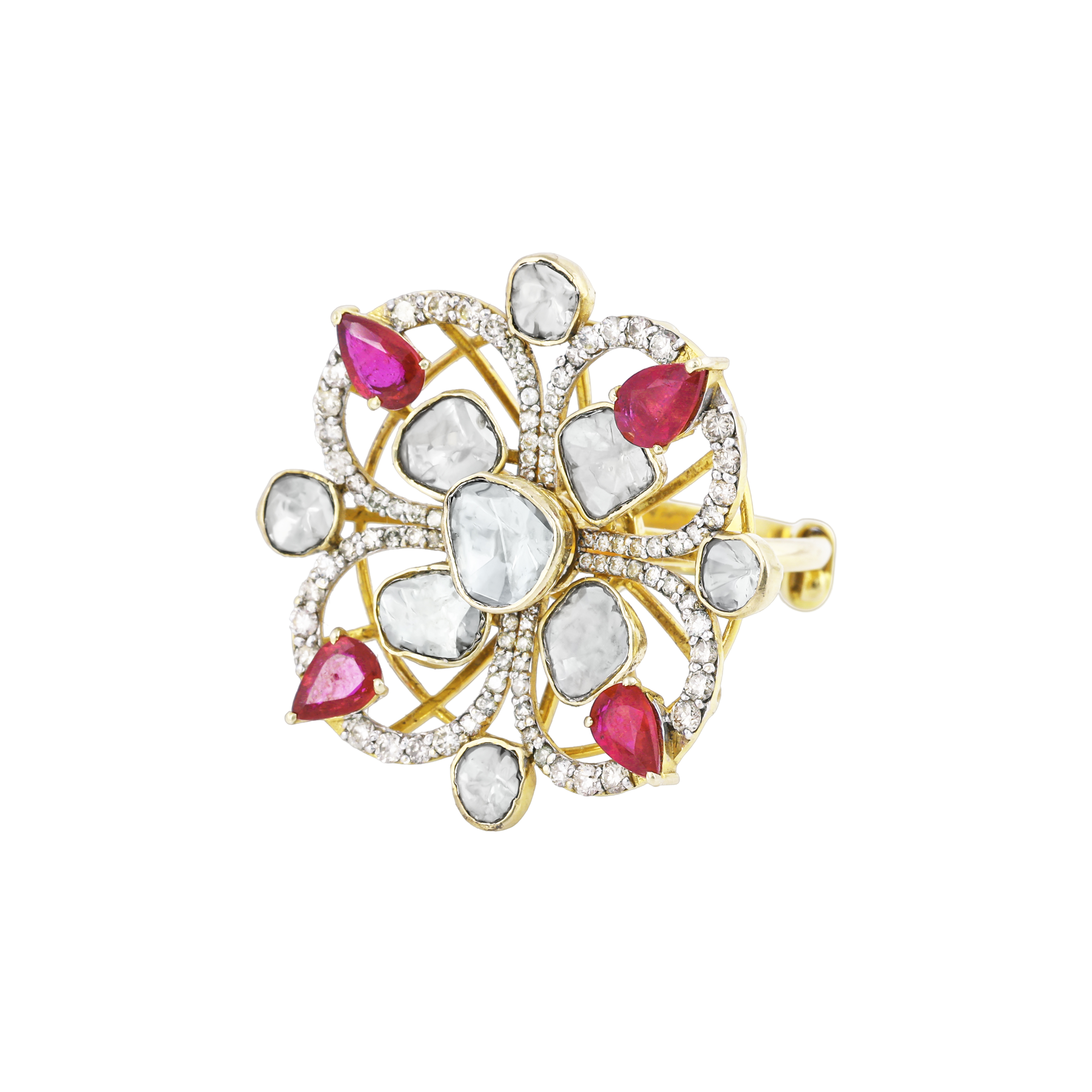 Floral Polki Ring with Pear-Shaped Red Gemstone and Diamond Halo