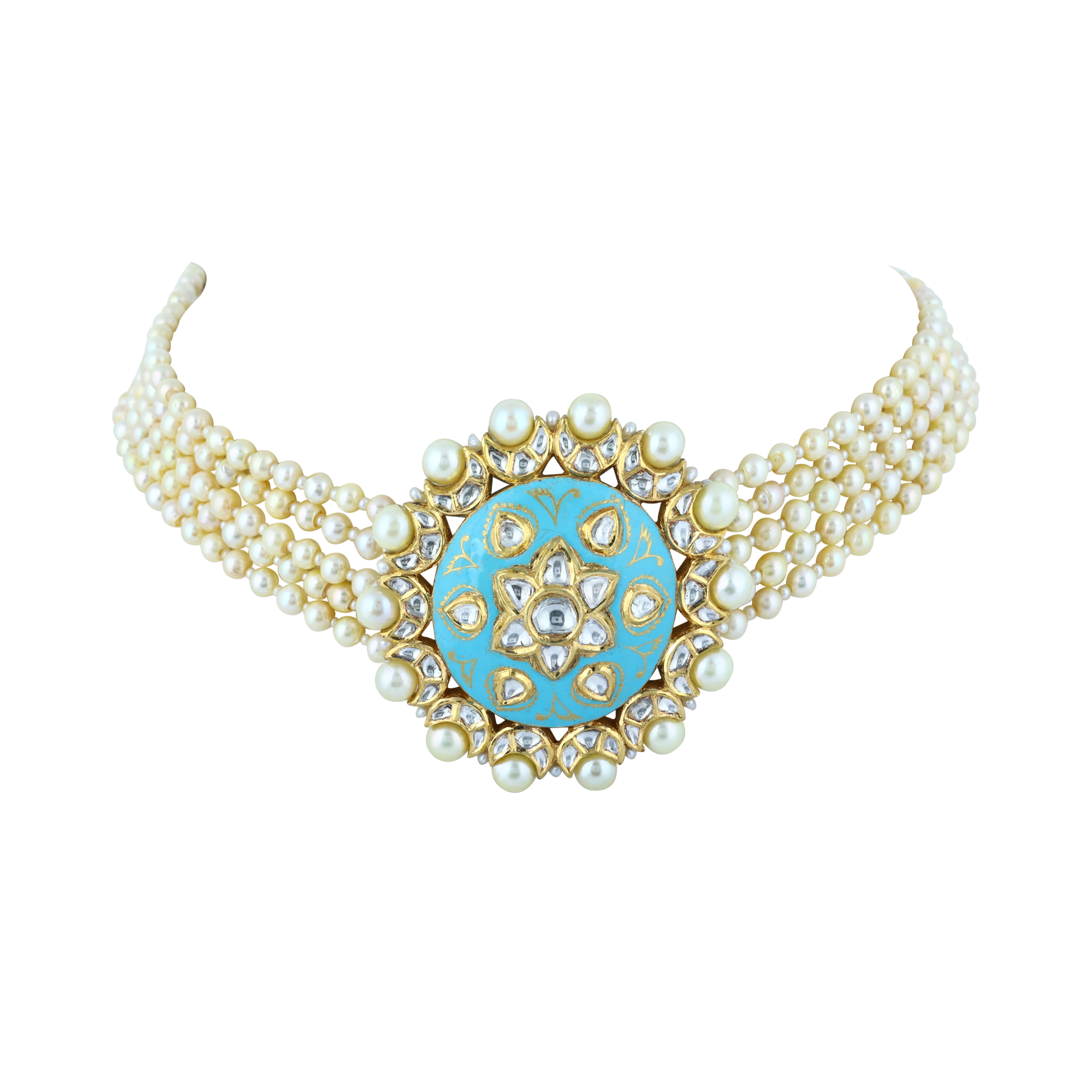 Pearl Choker with Turquoise Enamel and Floral Polki Centerpiece
