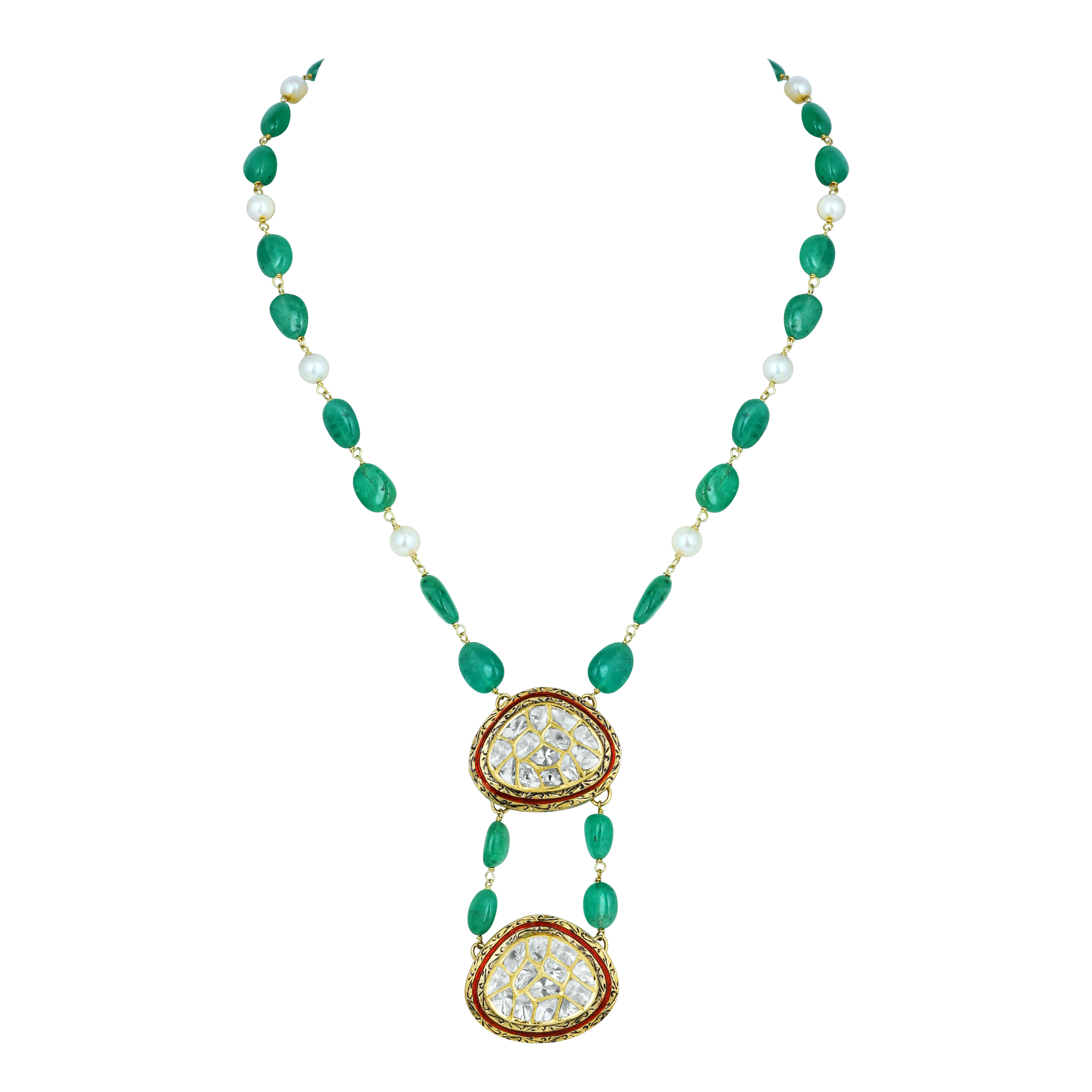Emerald and Pearl Necklace with Dual Polki Pendants