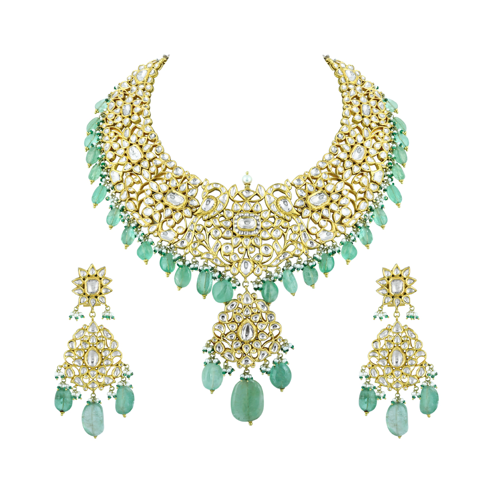 Polki Necklace Set with Gold Detailing and Emerald Drops