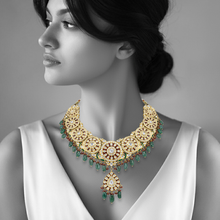 Polki Roundel Necklace with Ruby and Emerald Beads