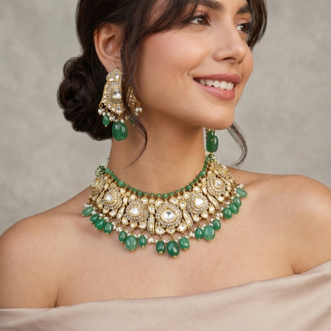 Victorian Rose-Cut Diamond Choker Set with Emerald Beads