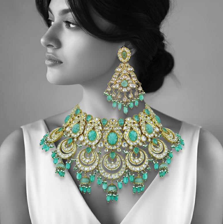 Chandbali Choker Set with Polki, Green Beads, and Drops