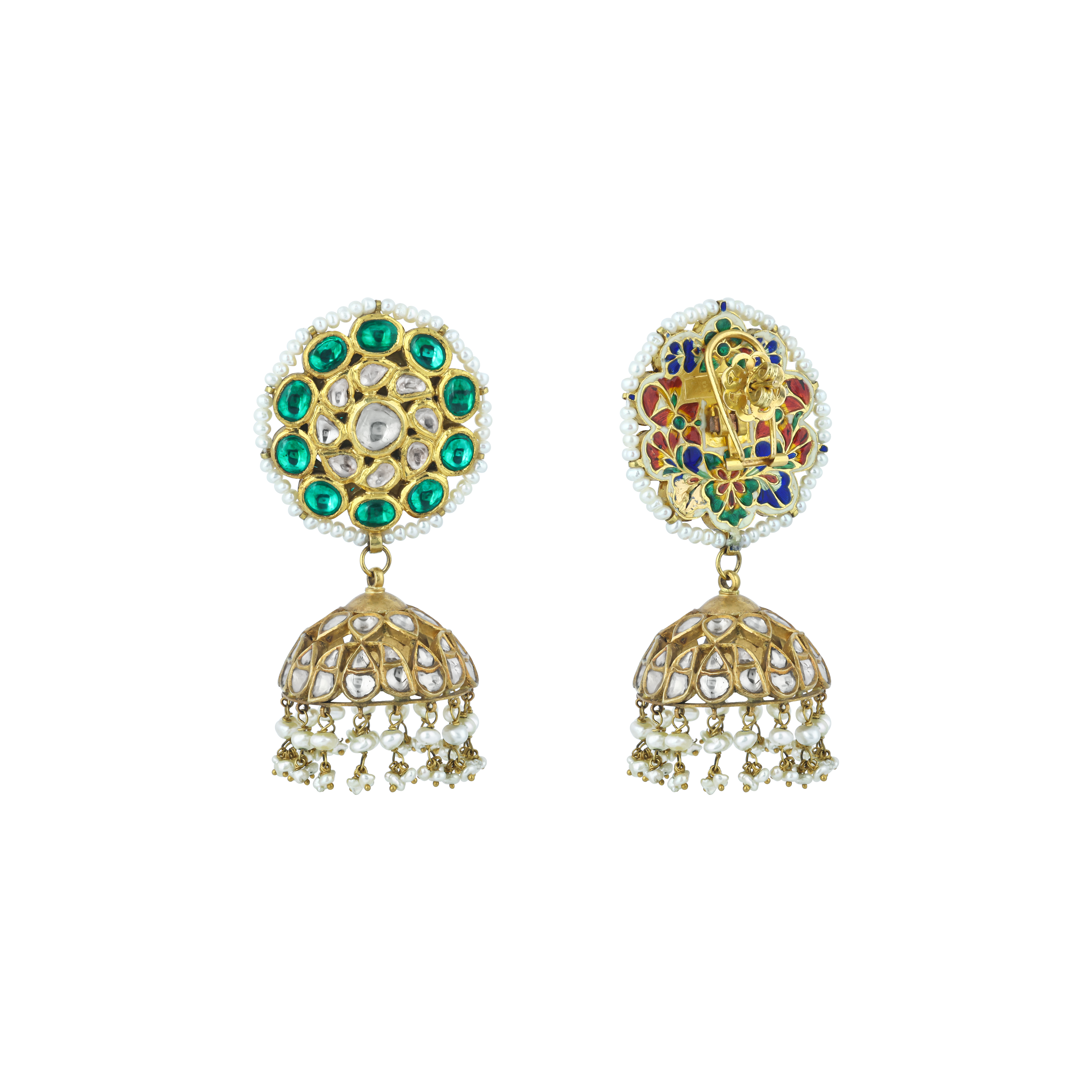 Emerald Polki Jhumkas with Pearl Fringe