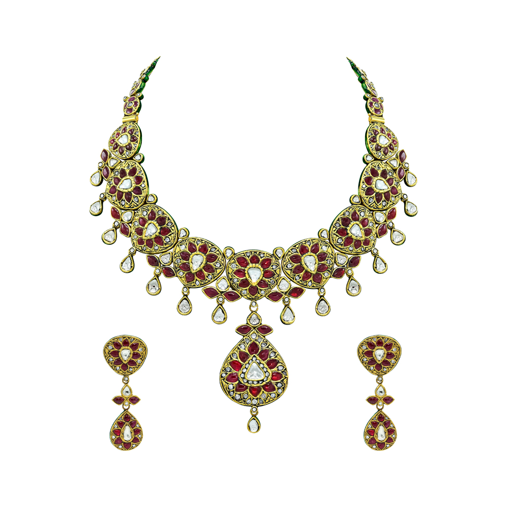 Red Talaf Necklace Set with Polki and Drop Details