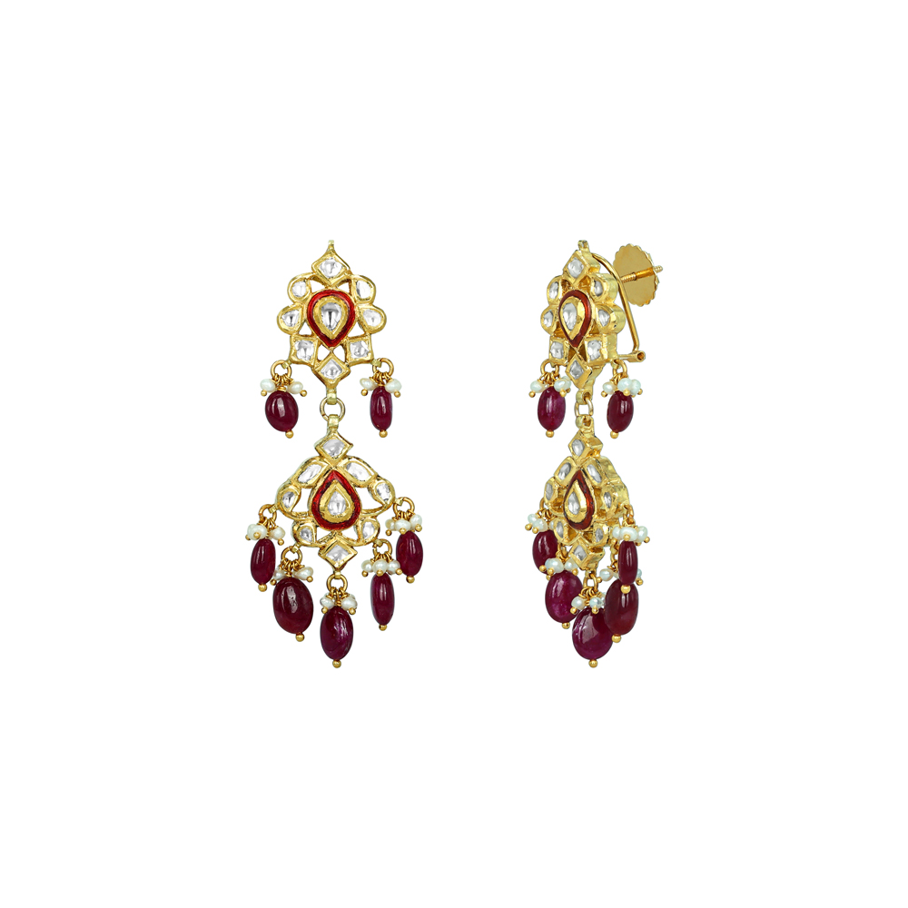 Polki Earrings with Ruby Drops and Dual Enamel Motifs
