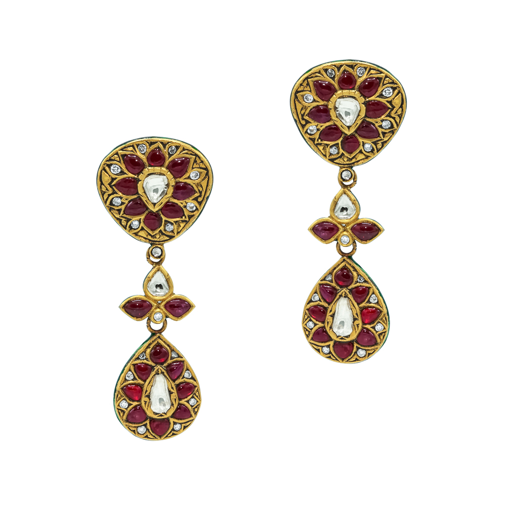 Red Talaf Necklace Set with Polki and Drop Details