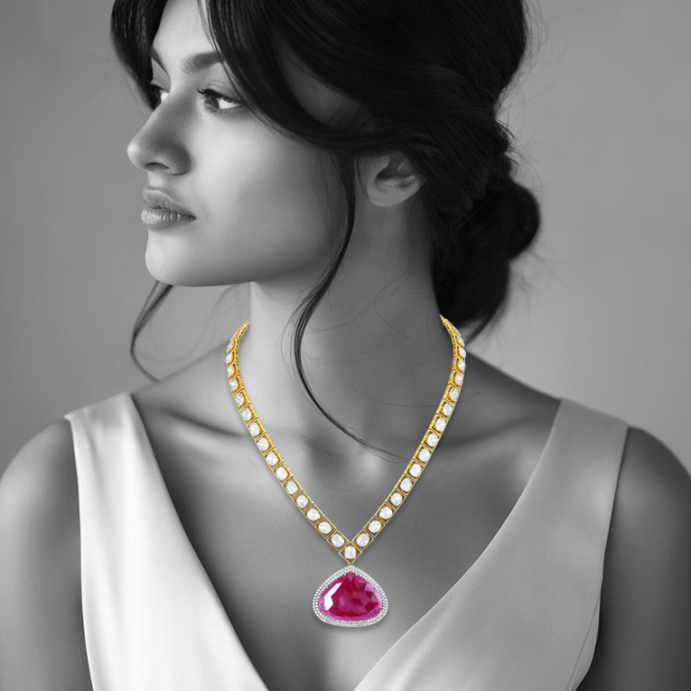 Ruby Polki Pendant Necklace Set with Diamond Halo