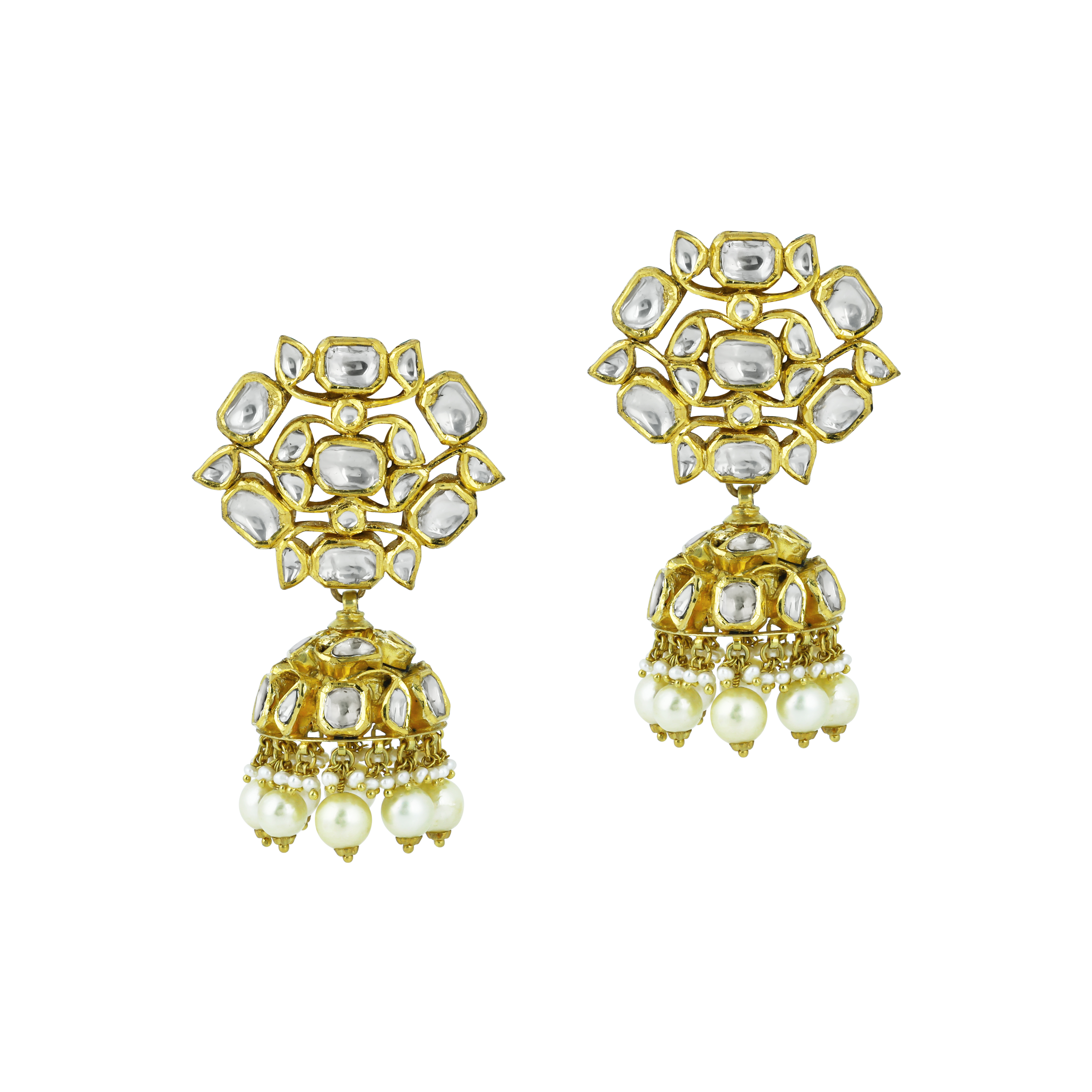 Floral Polki Jhumka Earrings with Pearl Drops