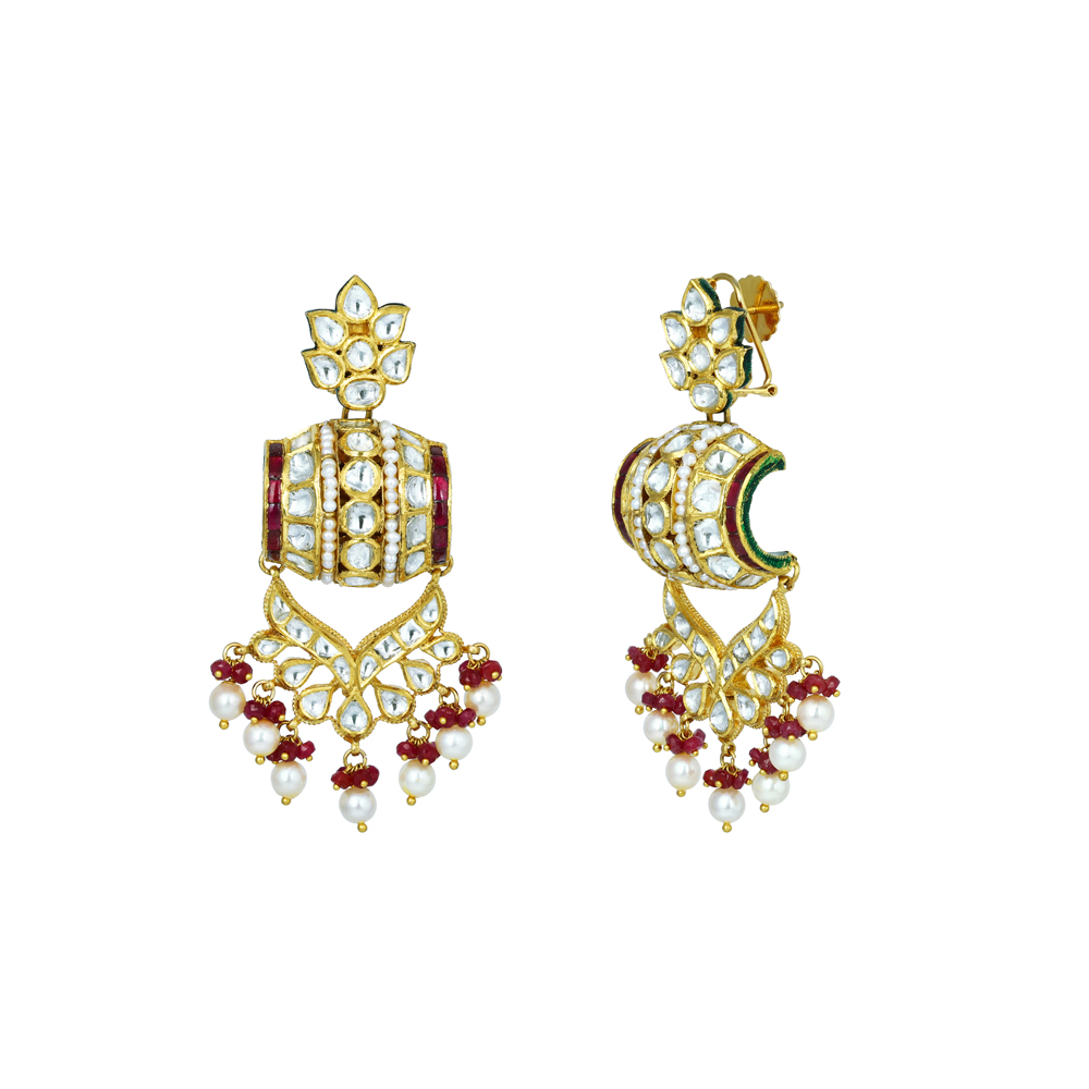 Polki Earrings with Ruby Beads and Pearls