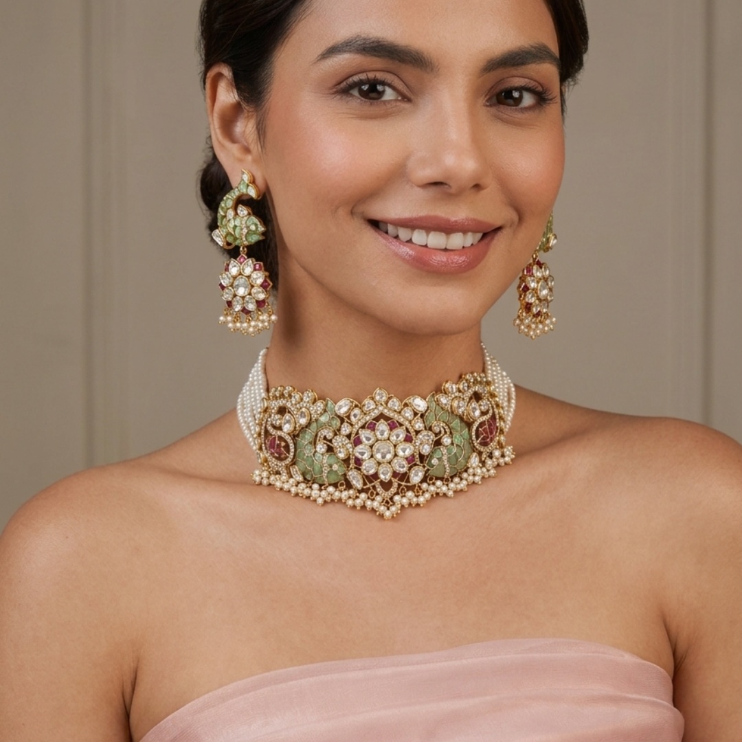 Floral Polki Diamond Choker Set with Green Talaf & Fish Motifs