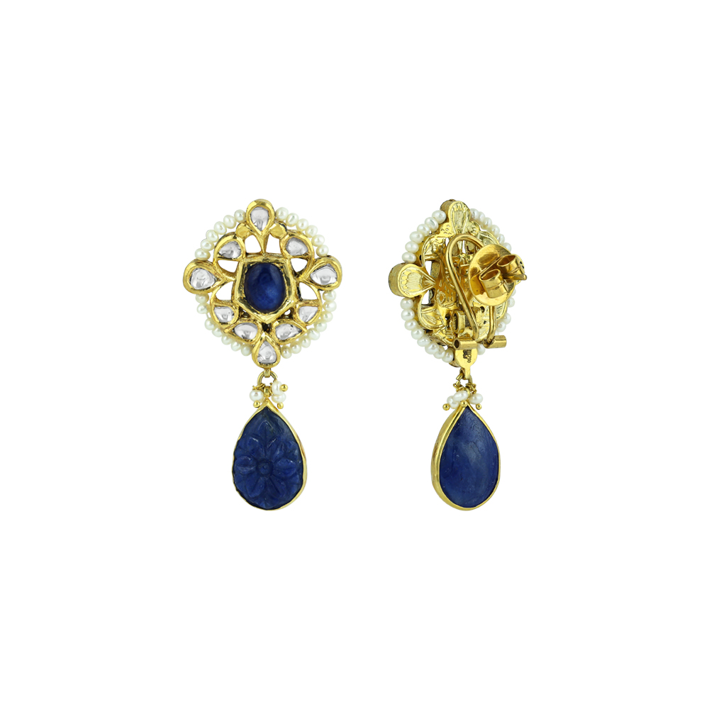 Pearl Strings and Carved Blue Stone Necklace Set with Polki