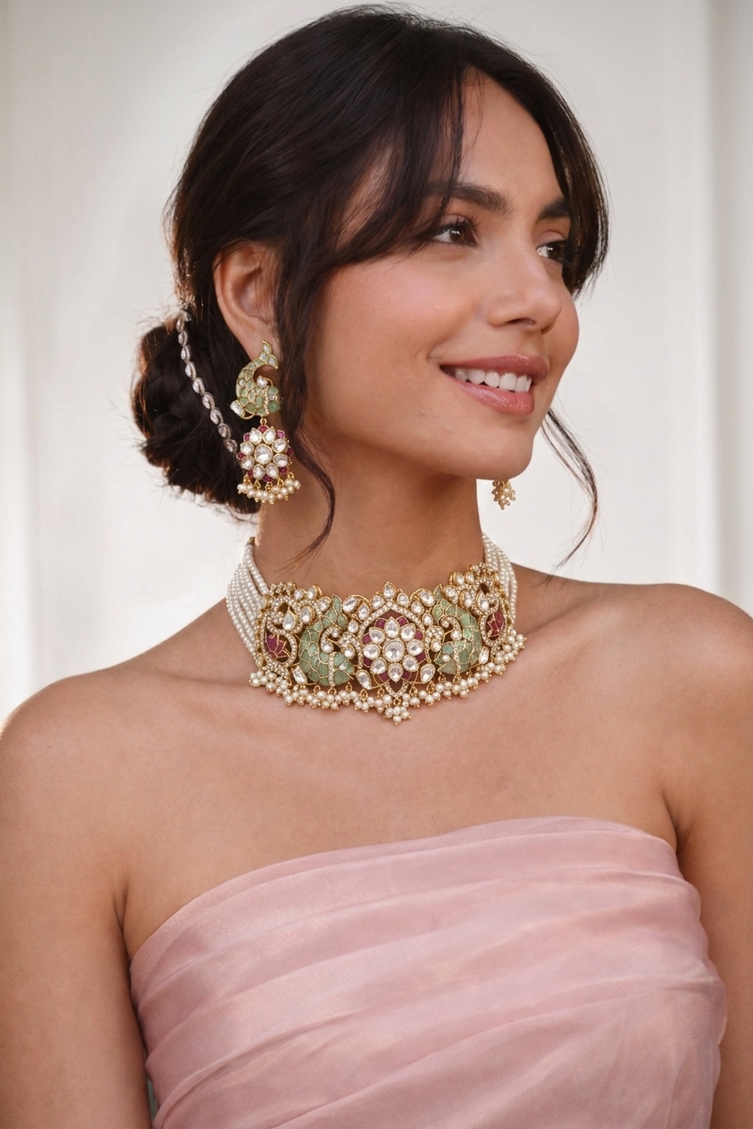 Floral Polki Diamond Choker Set with Green Talaf & Fish Motifs