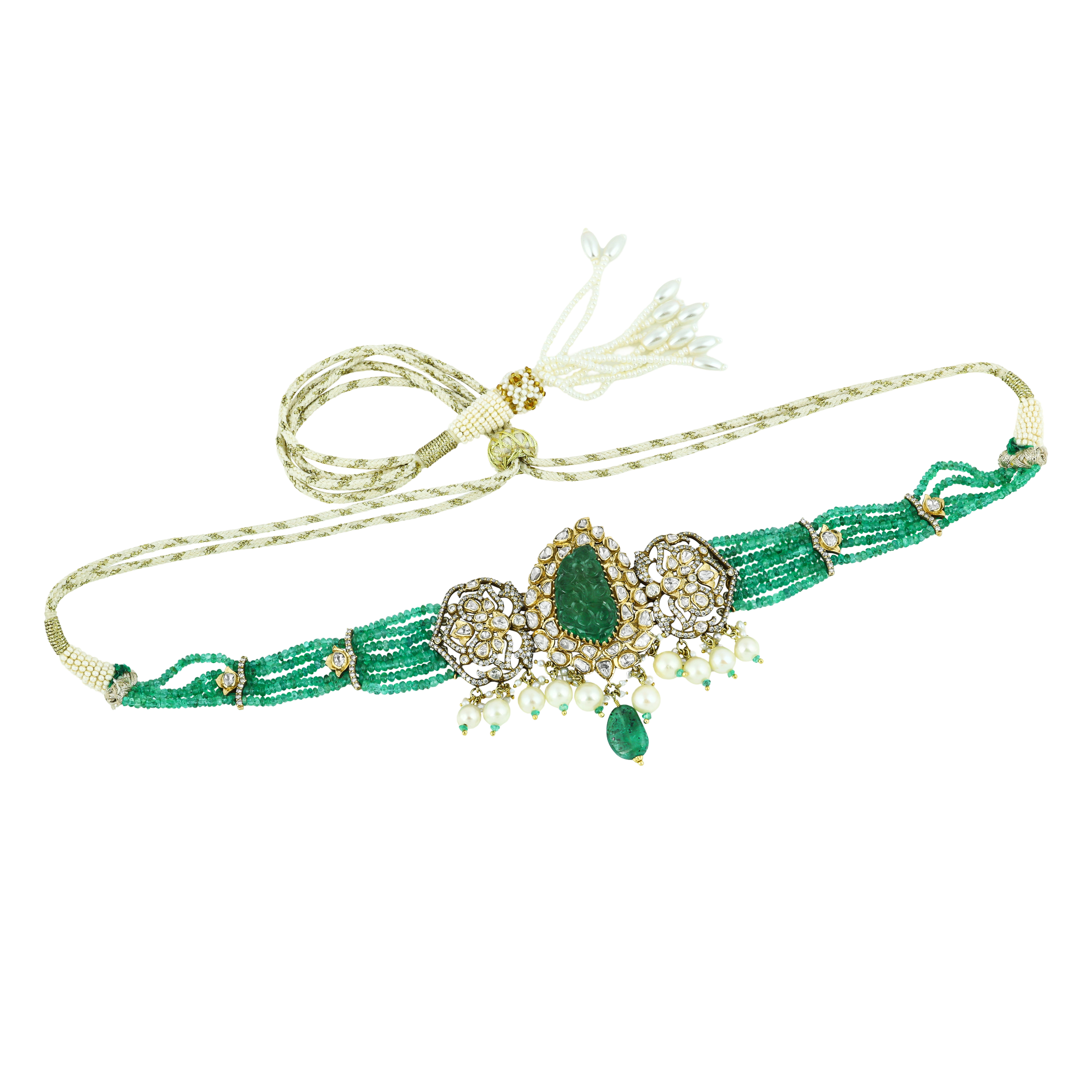 Carved Emerald Choker with Polki, Diamond Filigree, and Pearl Drops