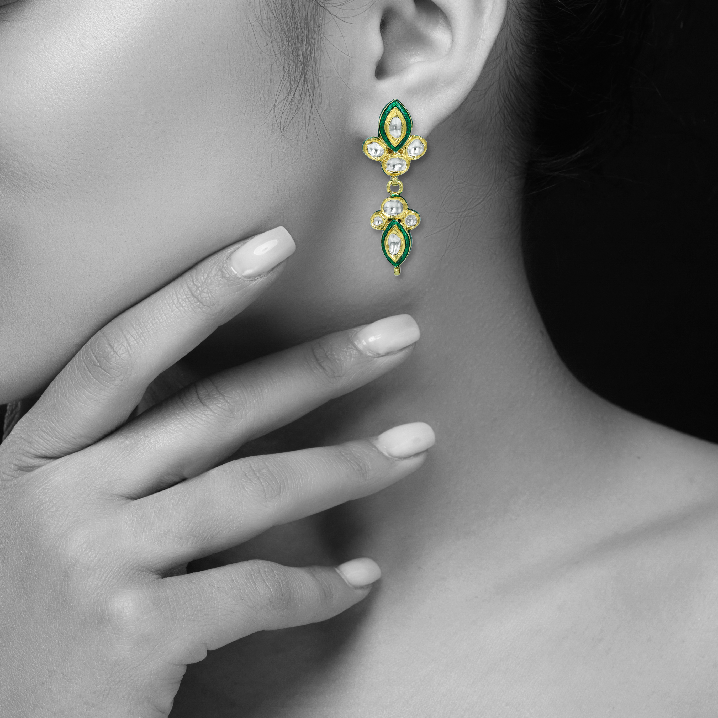 Polki Earrings with Intricate Green Enamel