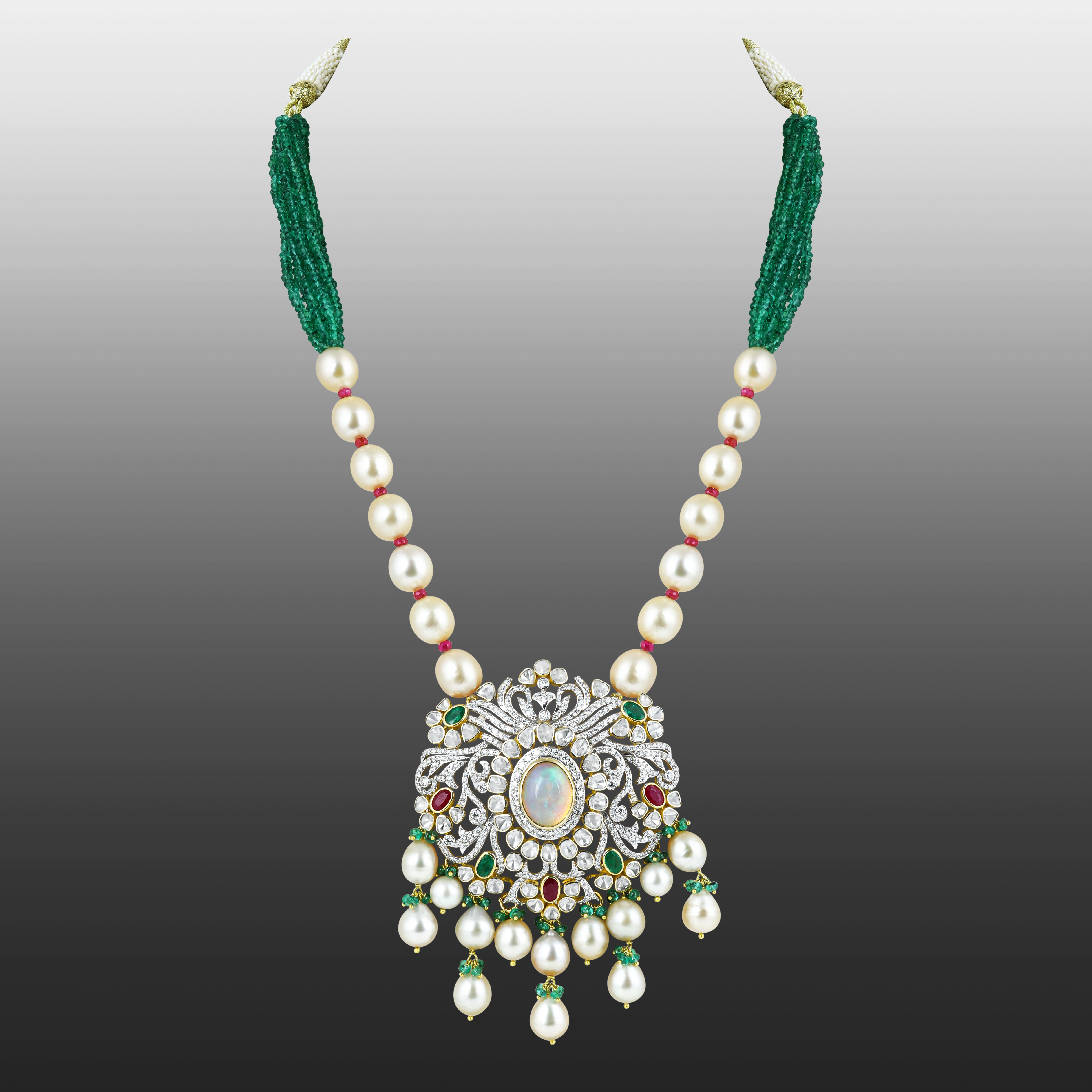Opal Polki Pendant Necklace with Emeralds and Pearl Strands